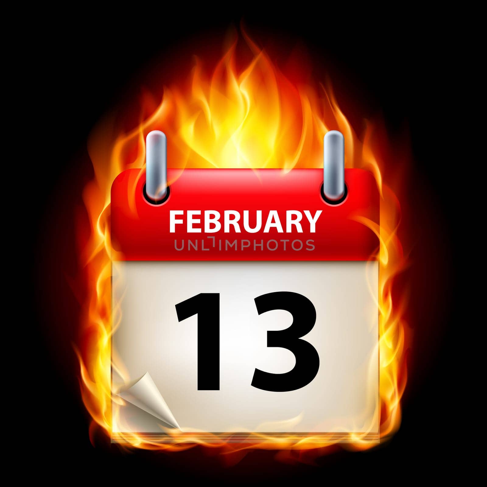 Thirteenth February in Calendar. Burning Icon on black background