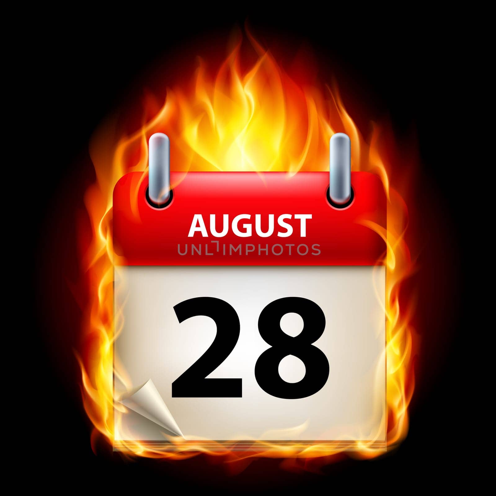 Twenty-eighth August in Calendar. Burning Icon on black background