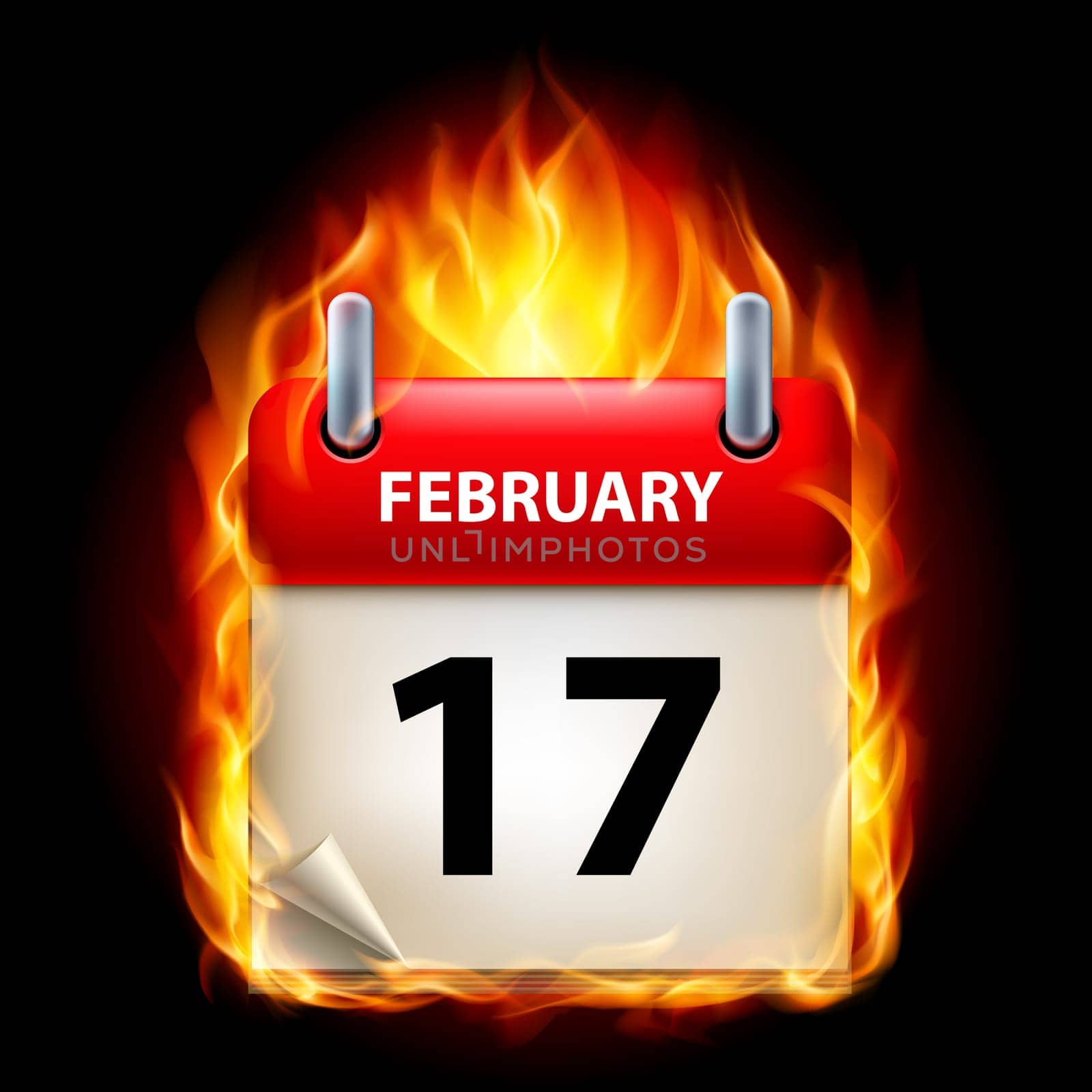 Seventeenth February in Calendar. Burning Icon on black background