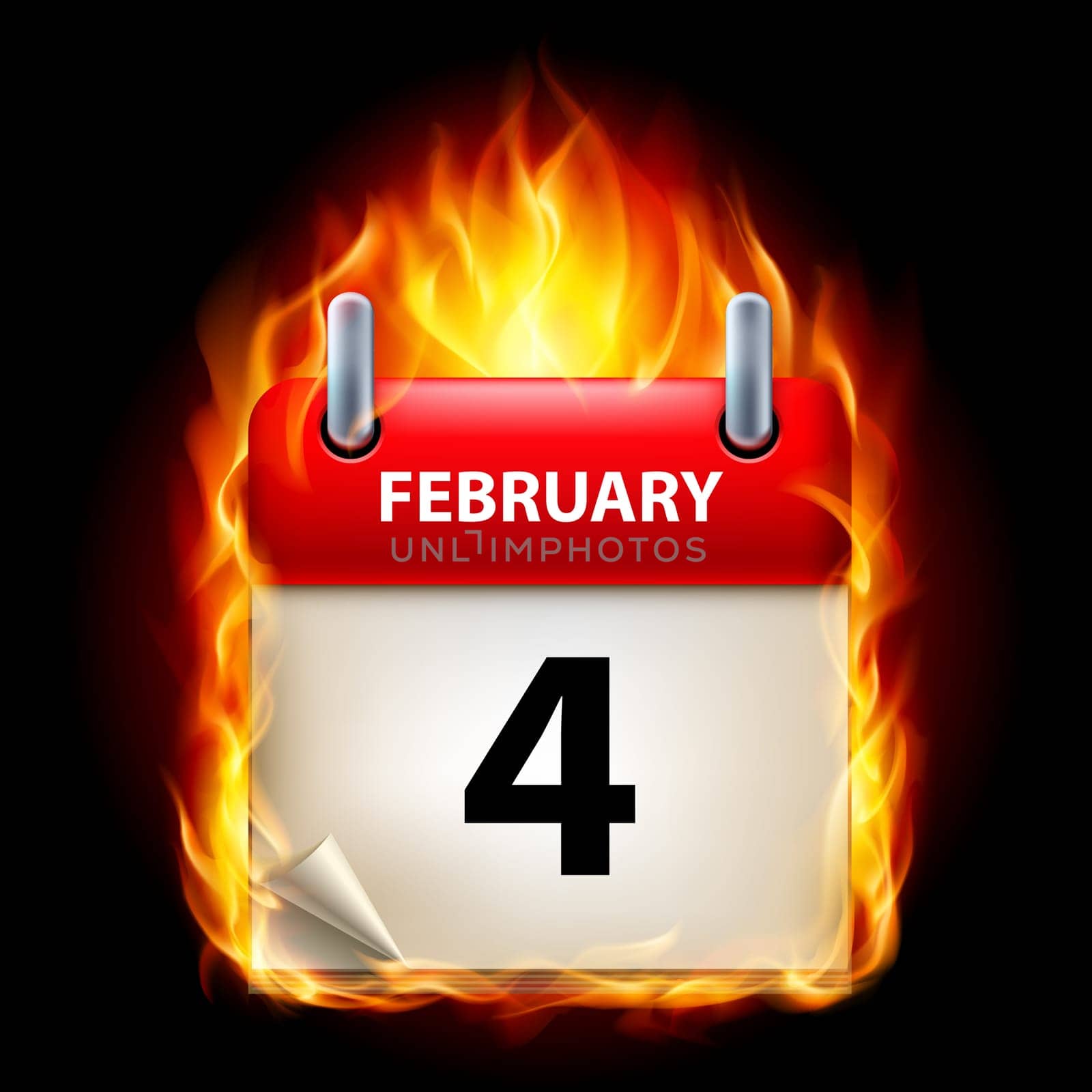 Fourth February in Calendar. Burning Icon on black background