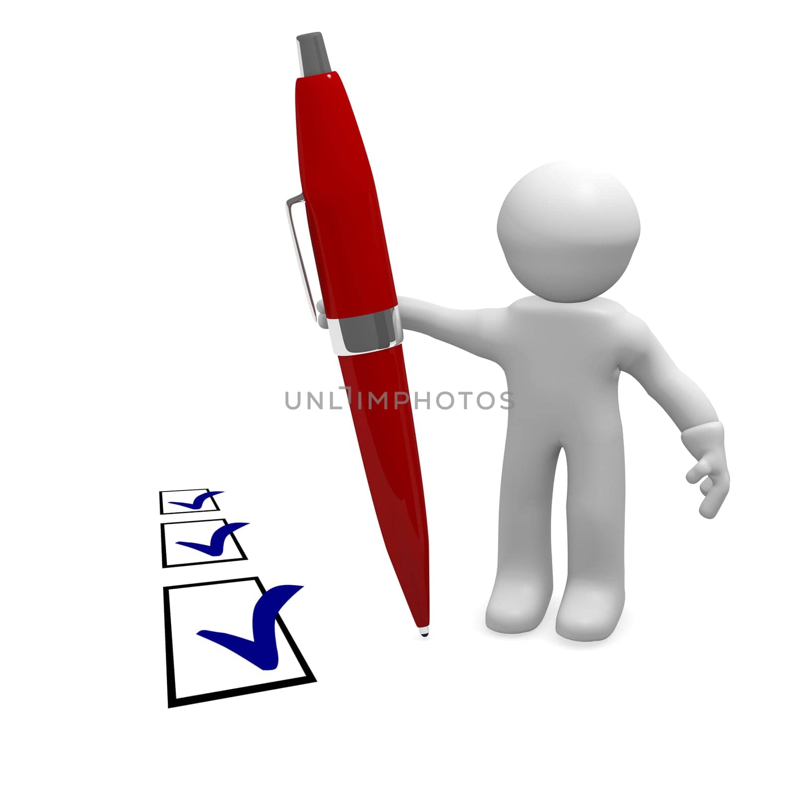 3d man with a pen and check marks on background