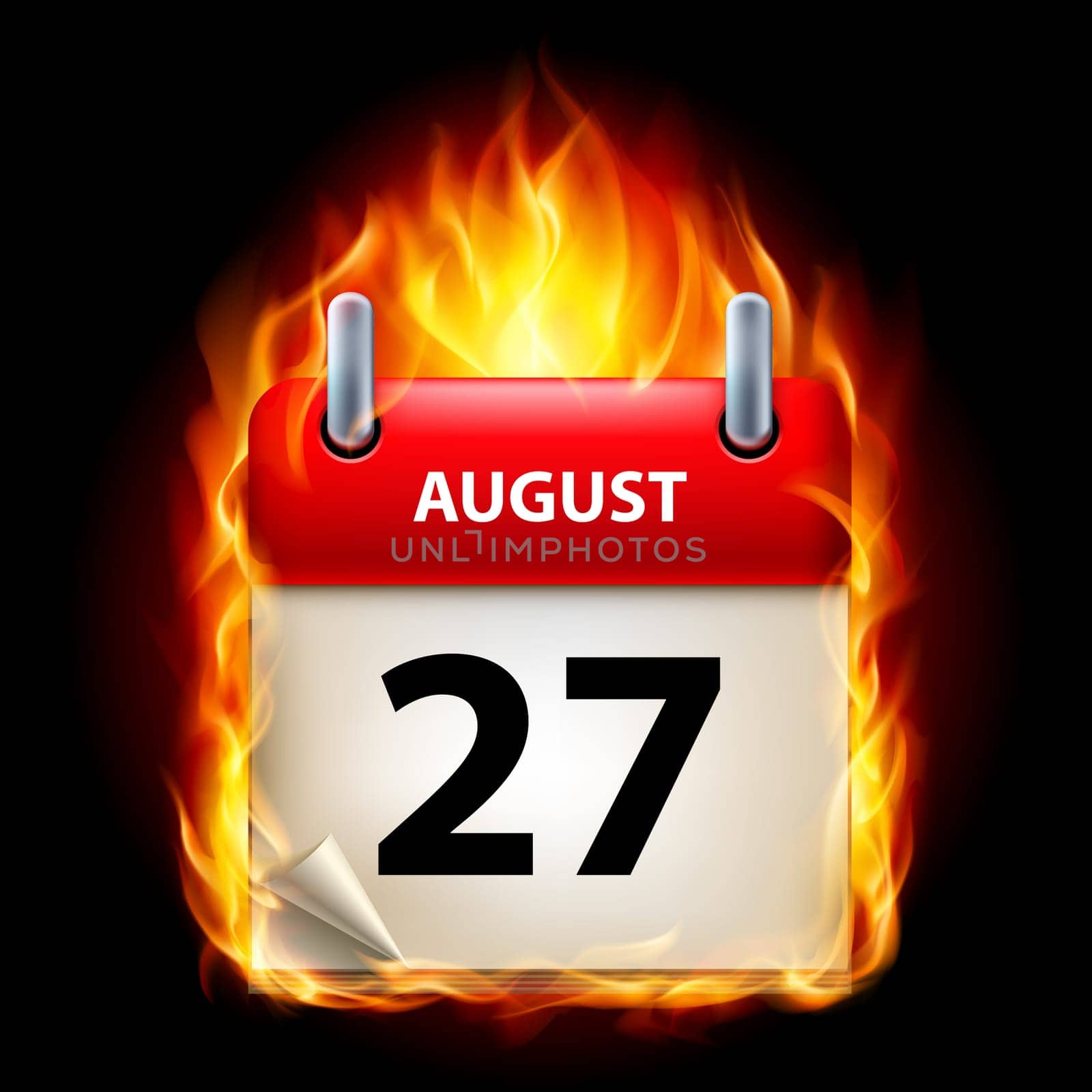 Twenty-seventh August in Calendar. Burning Icon on black background