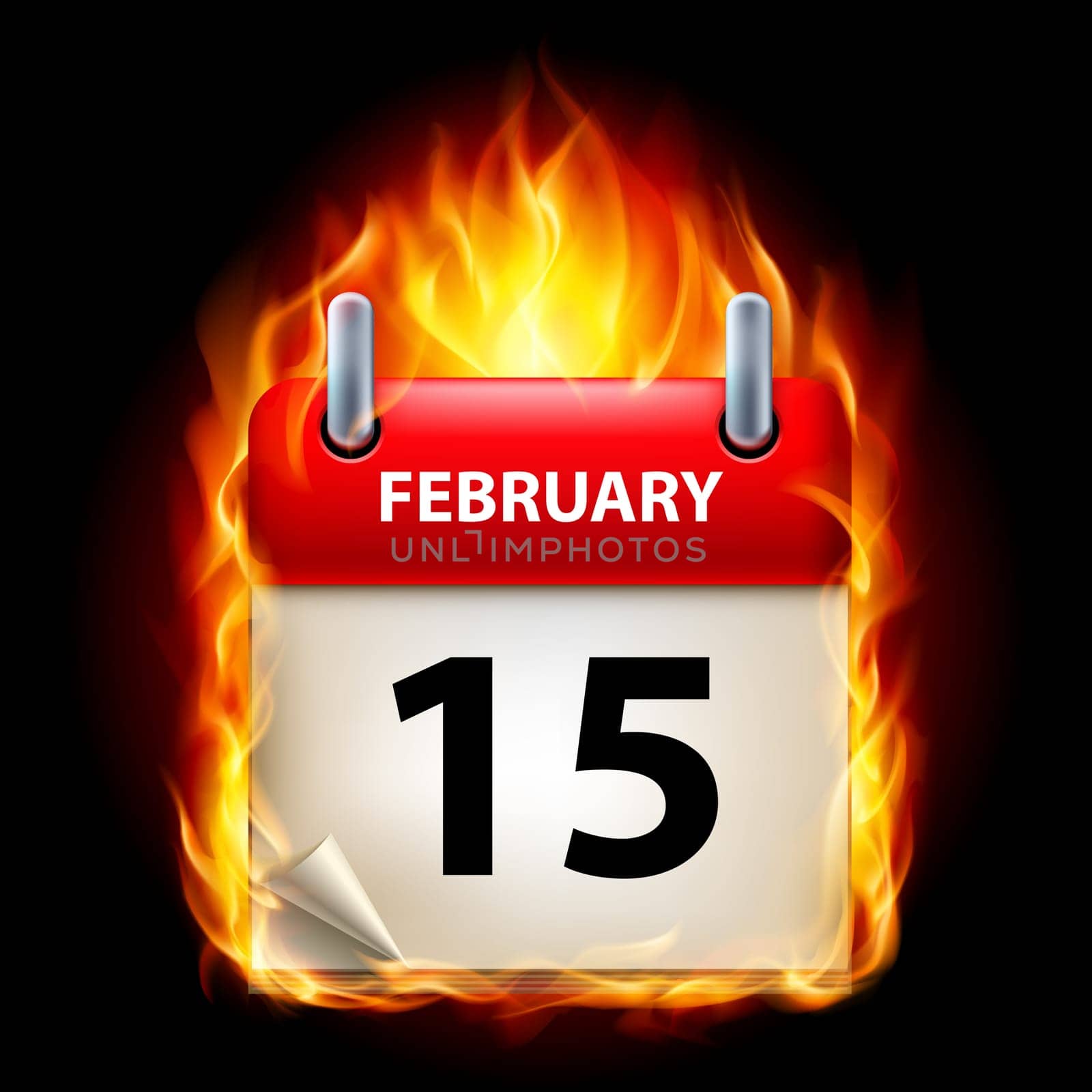 Fifteenth February in Calendar. Burning Icon on black background