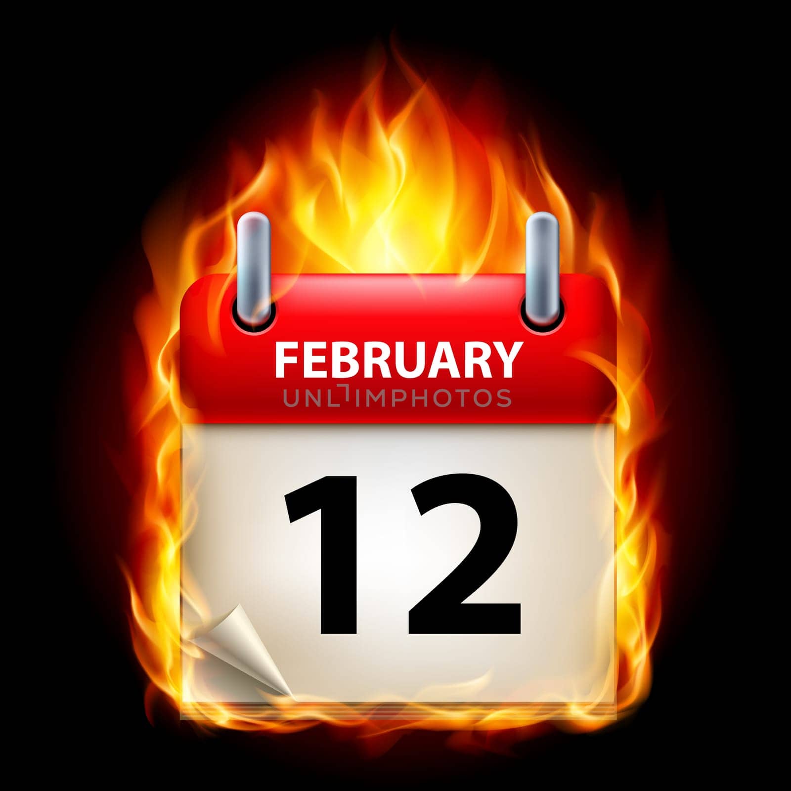 Twelfth February in Calendar. Burning Icon on black background