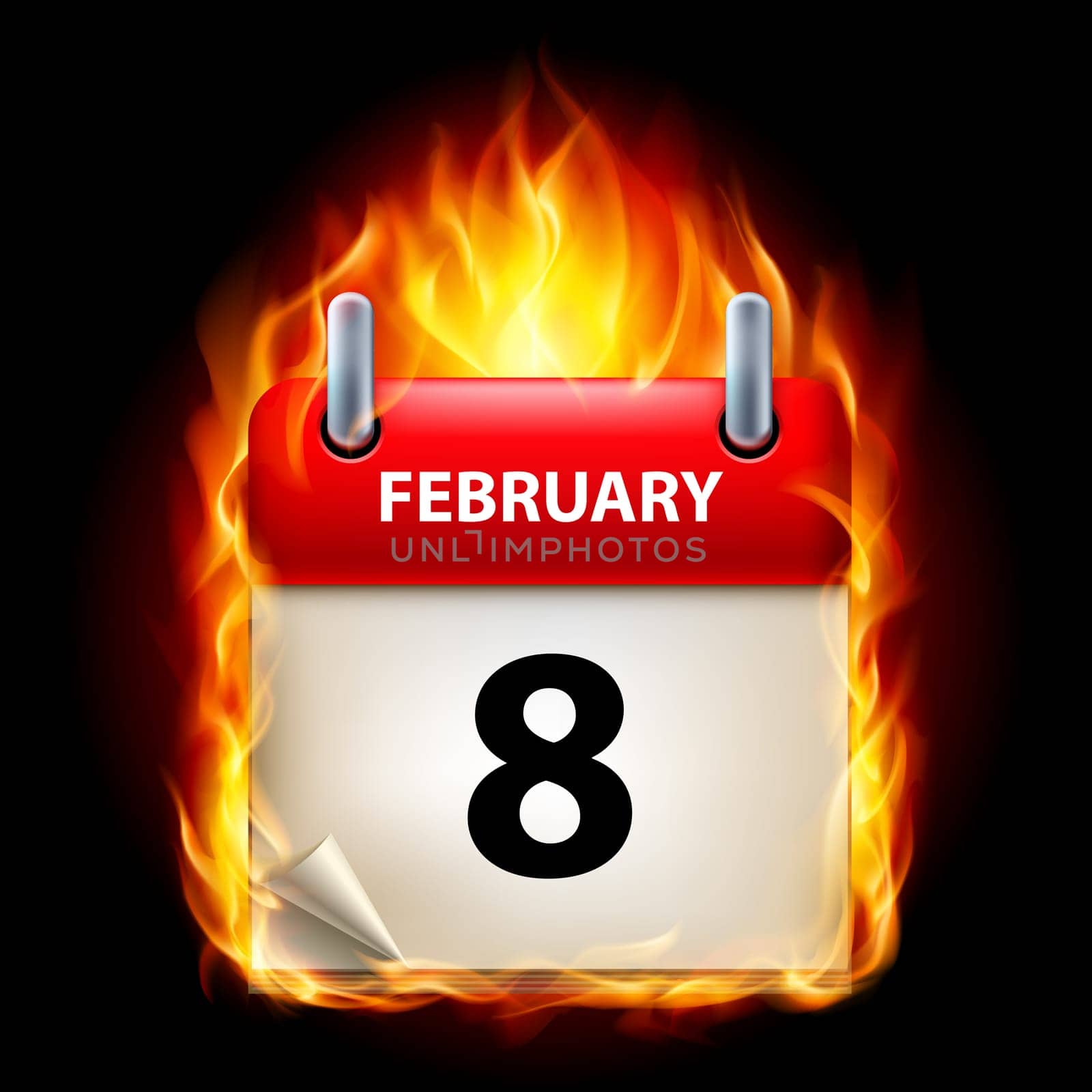 Eighth February in Calendar. Burning Icon on black background