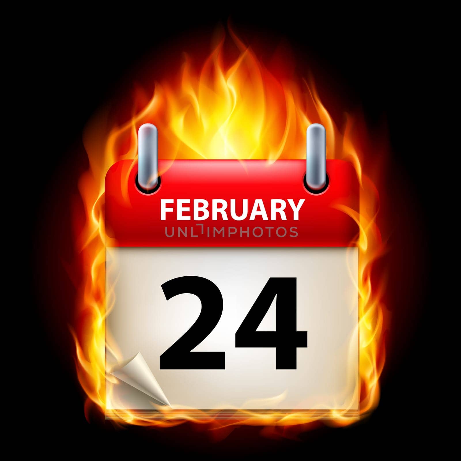 Twenty-fourth February in Calendar. Burning Icon on black background