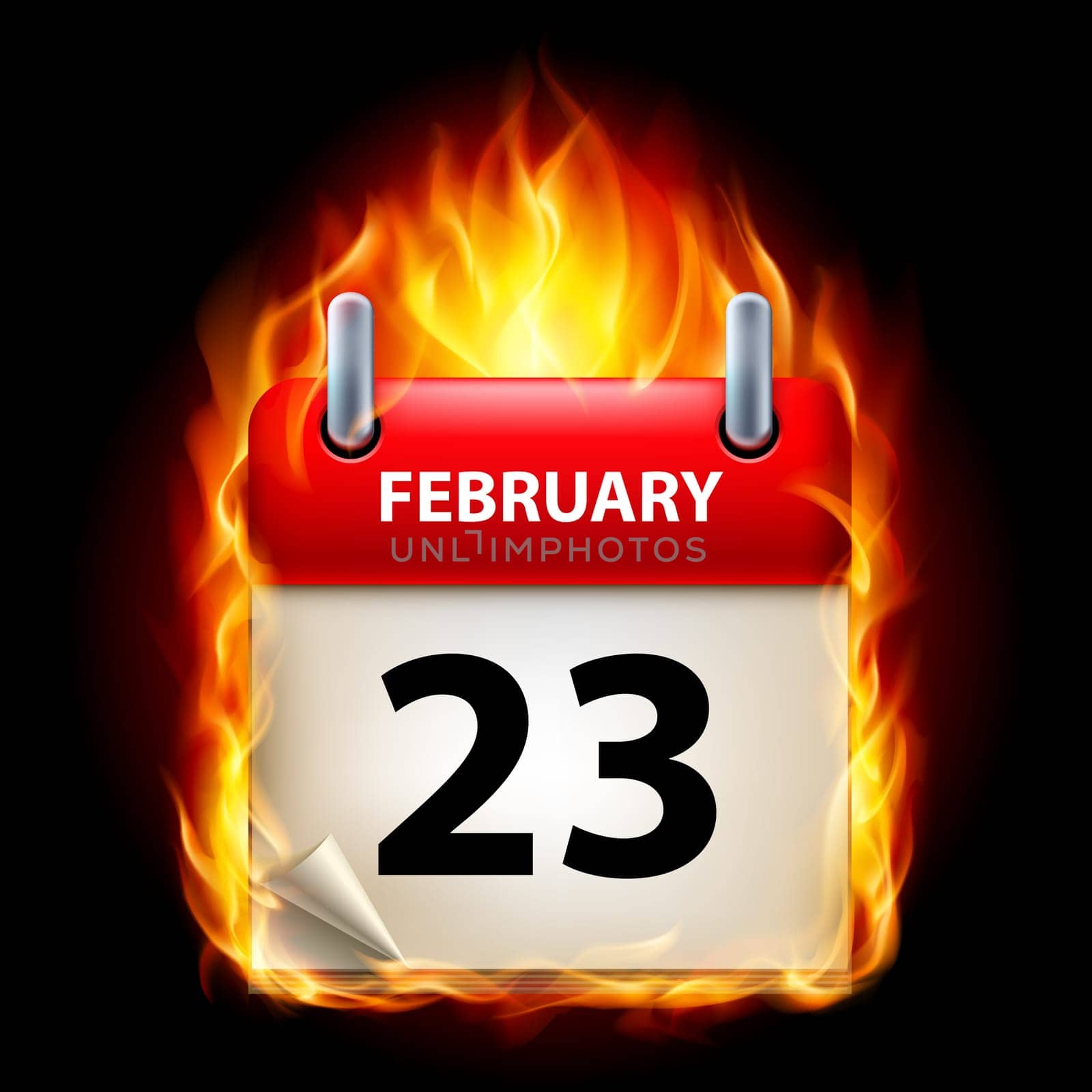 Twenty-third February in Calendar. Burning Icon on black background