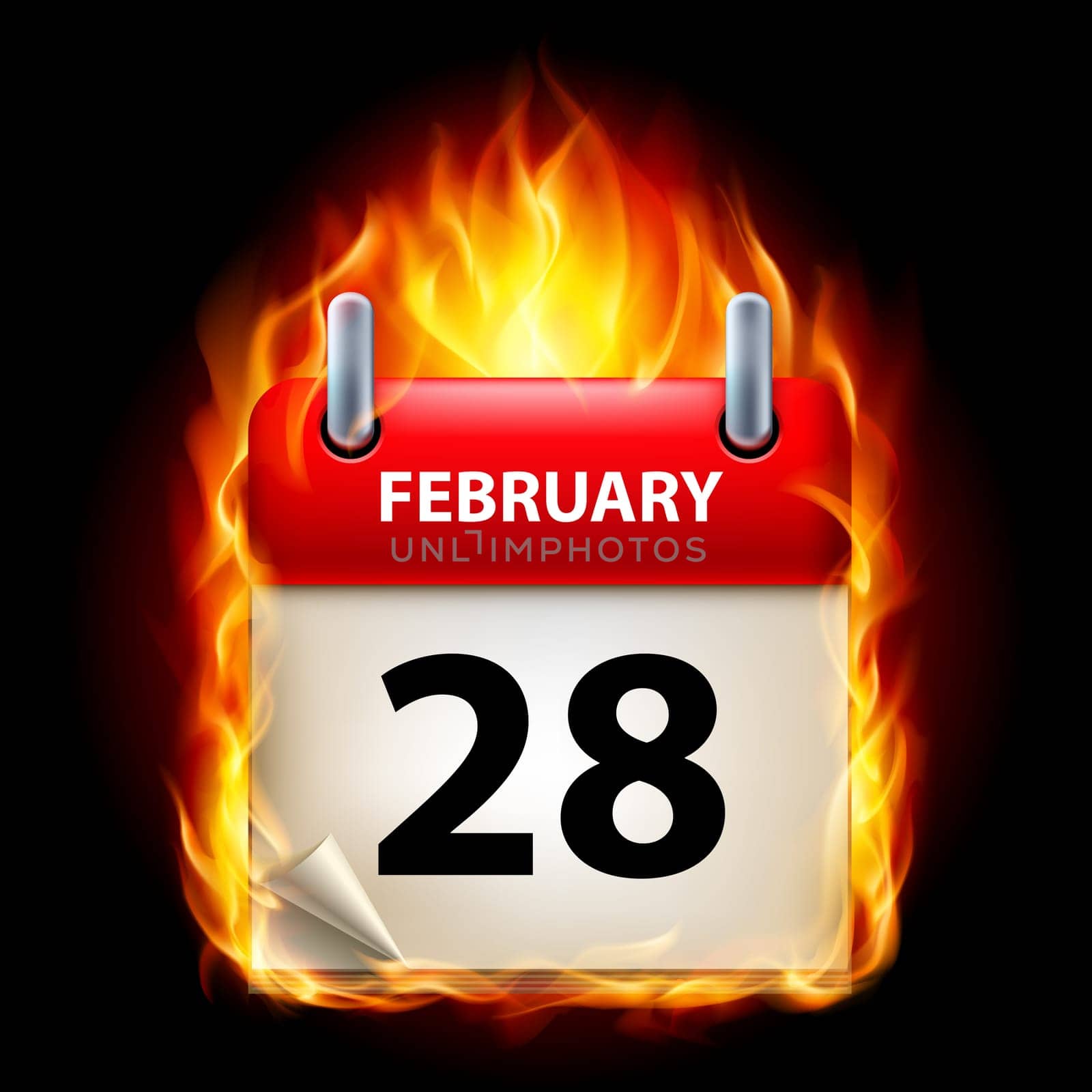 Twenty-eighth February in Calendar. Burning Icon on black background