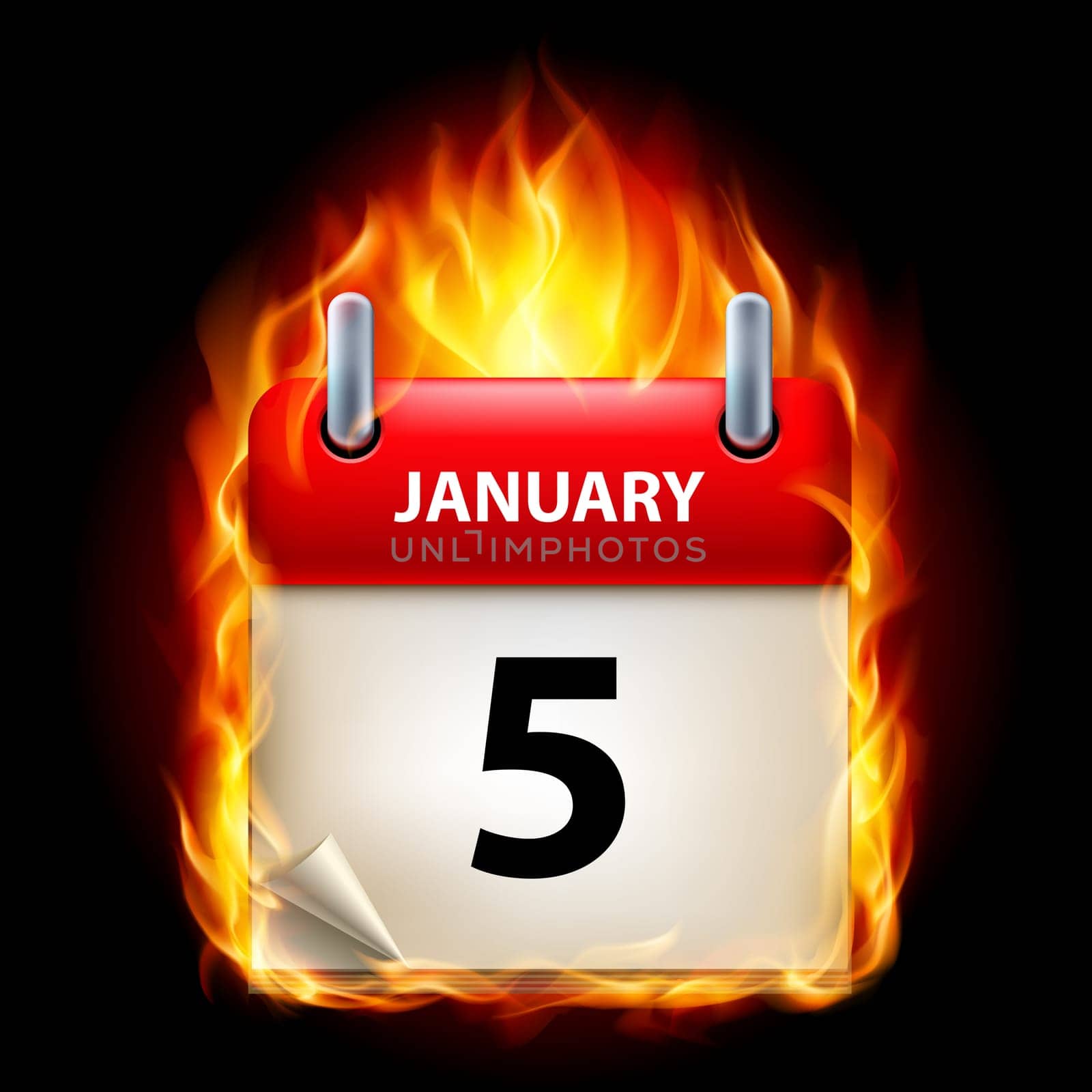 Fifth January in Calendar. Burning Icon on black background
