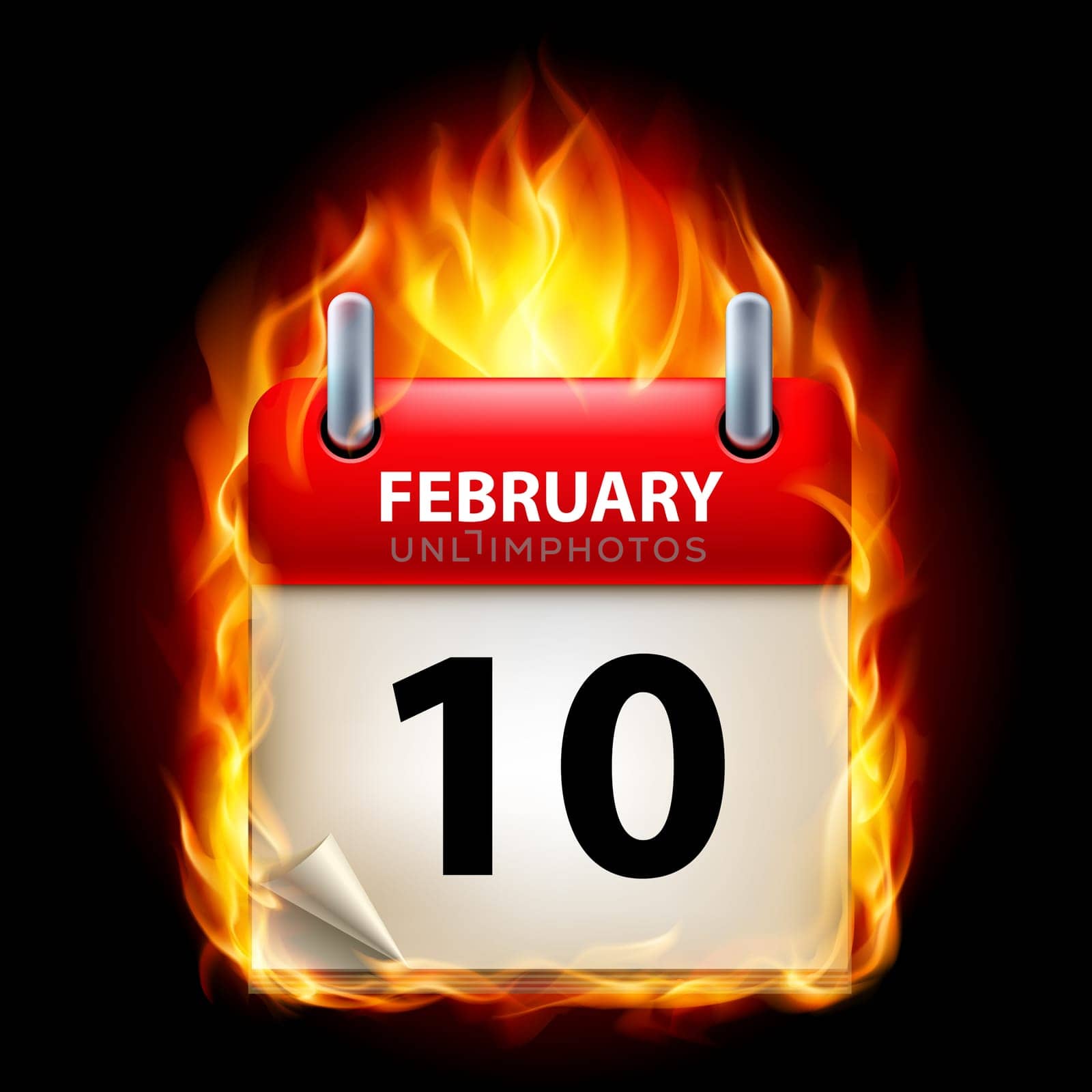 Tenth February in Calendar. Burning Icon on black background