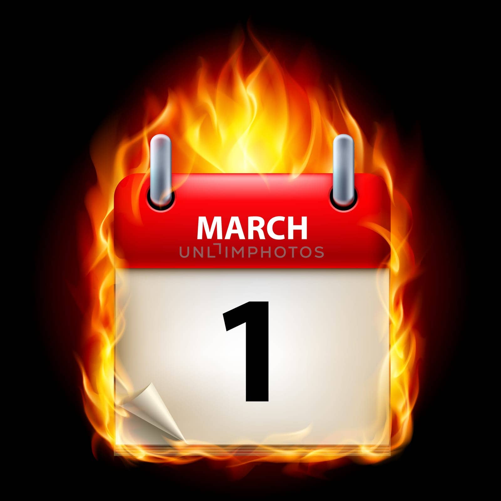 First March in Calendar. Burning Icon on black background