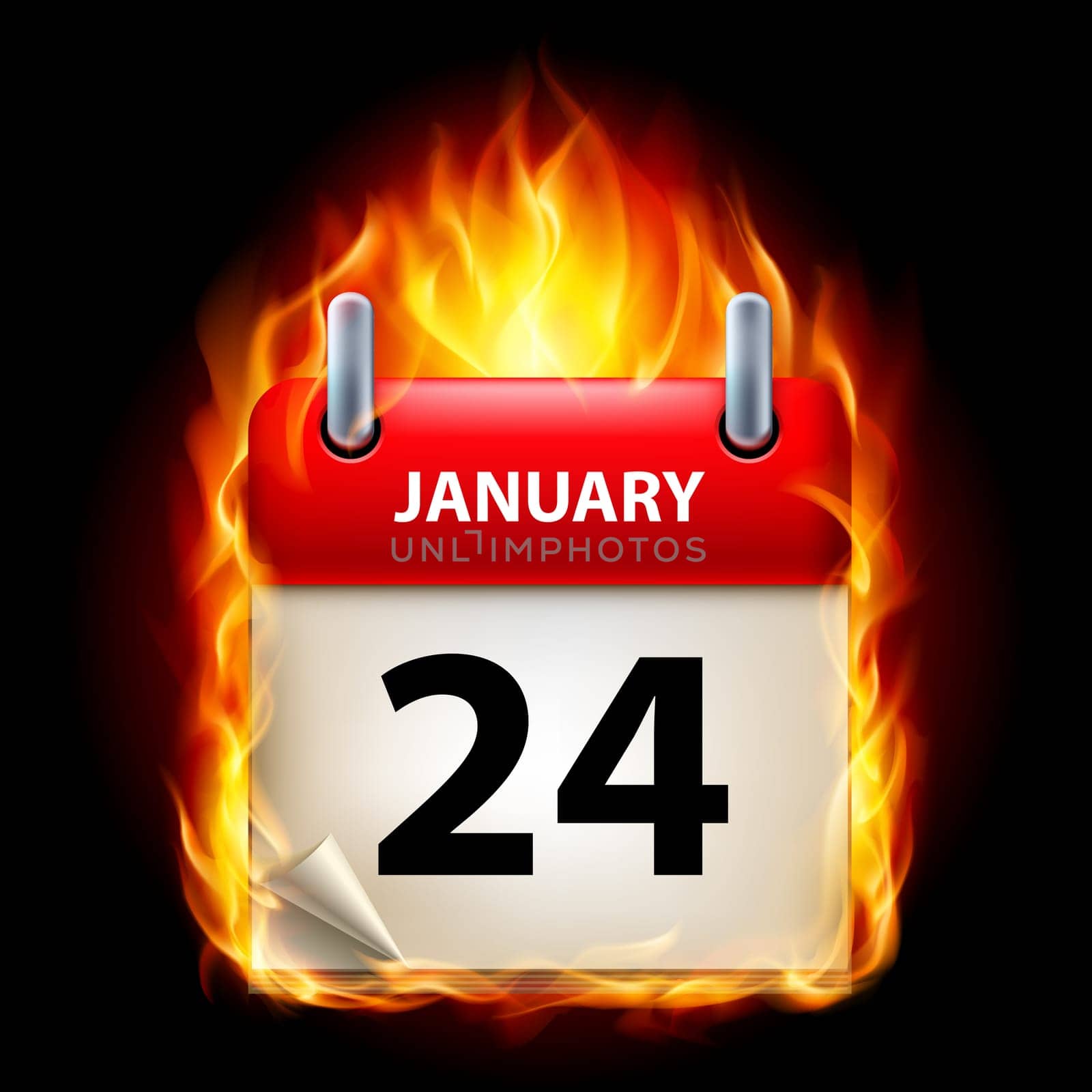 Twenty-fourth January in Calendar. Burning Icon on black background