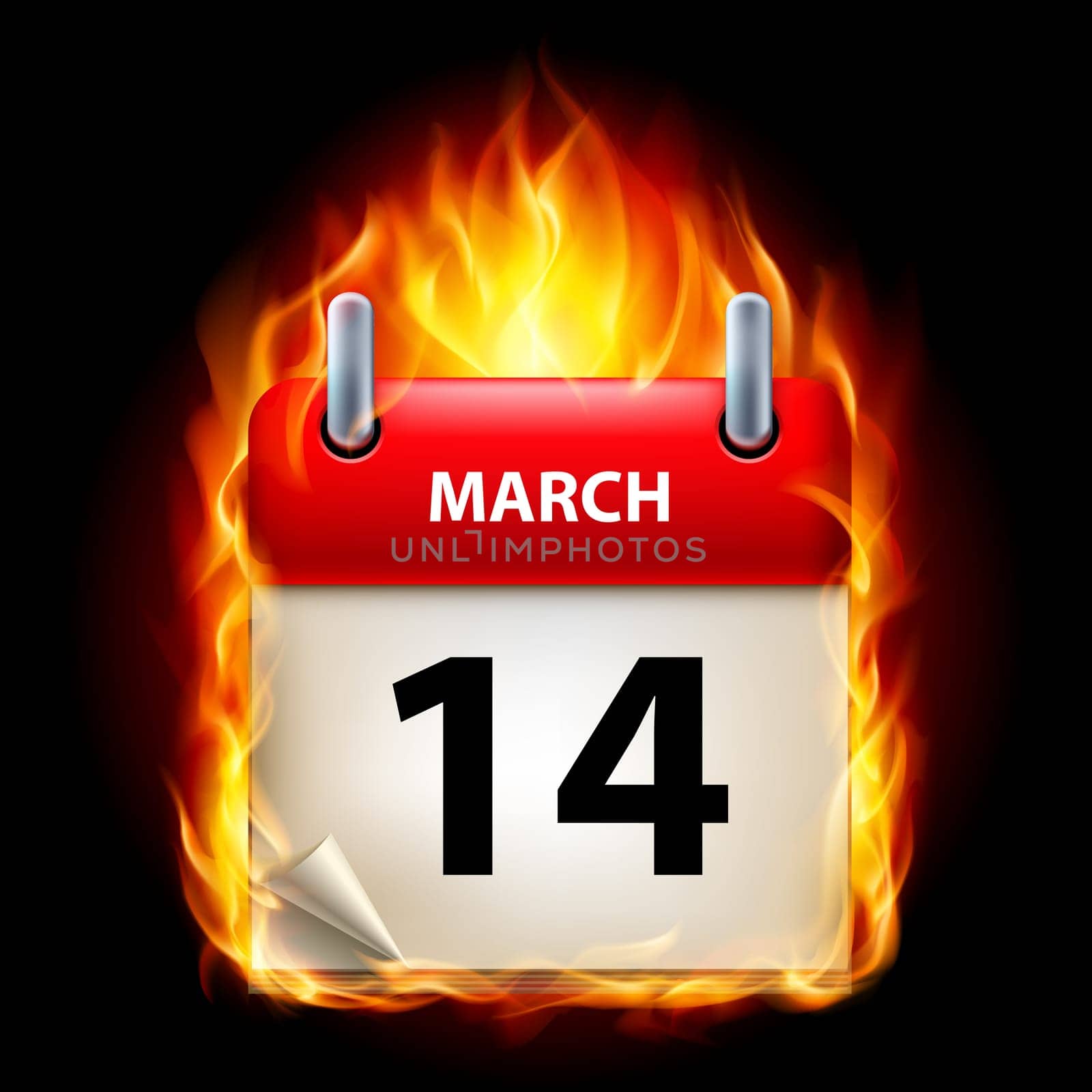Fourteenth March in Calendar. Burning Icon on black background