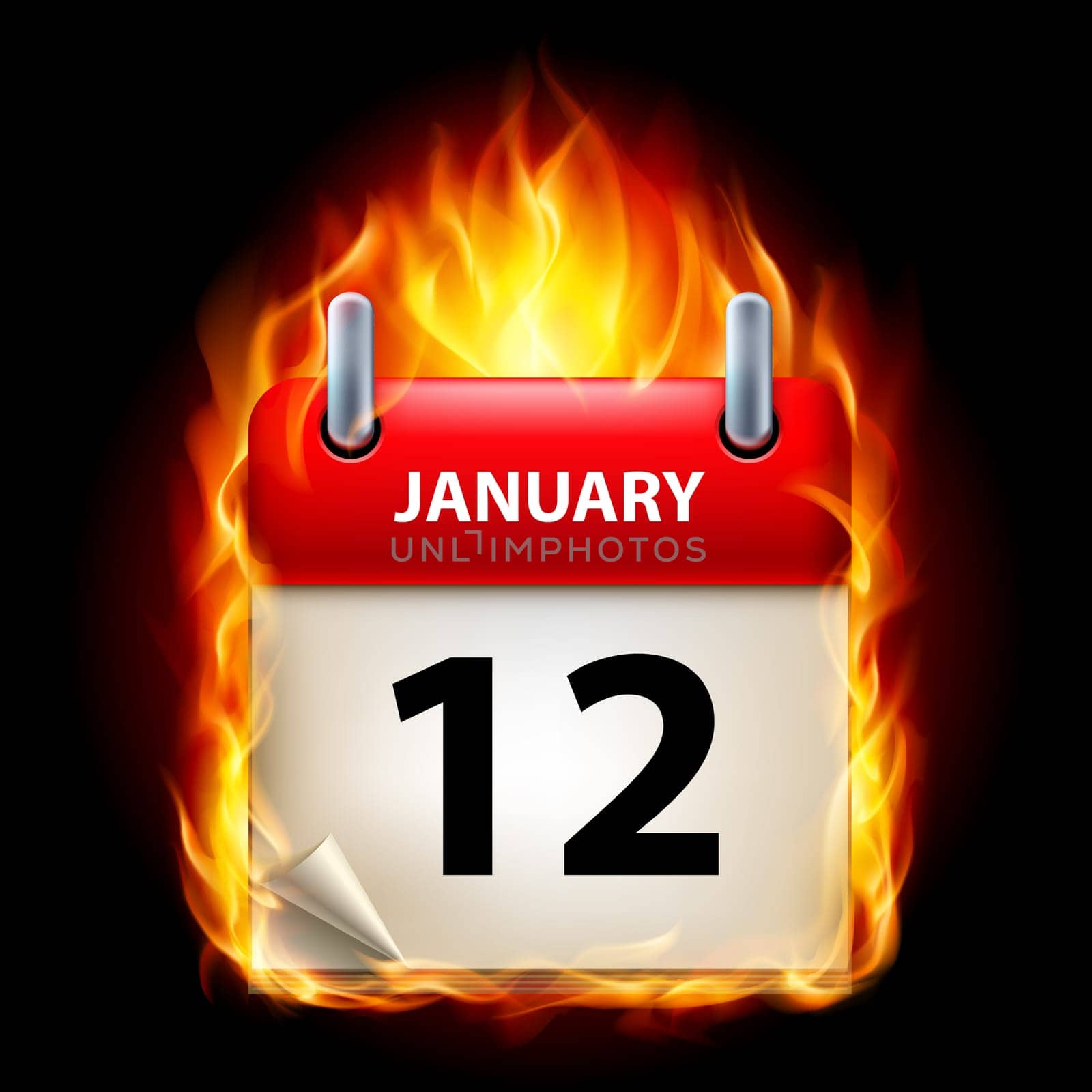 Twelfth January in Calendar. Burning Icon on black background