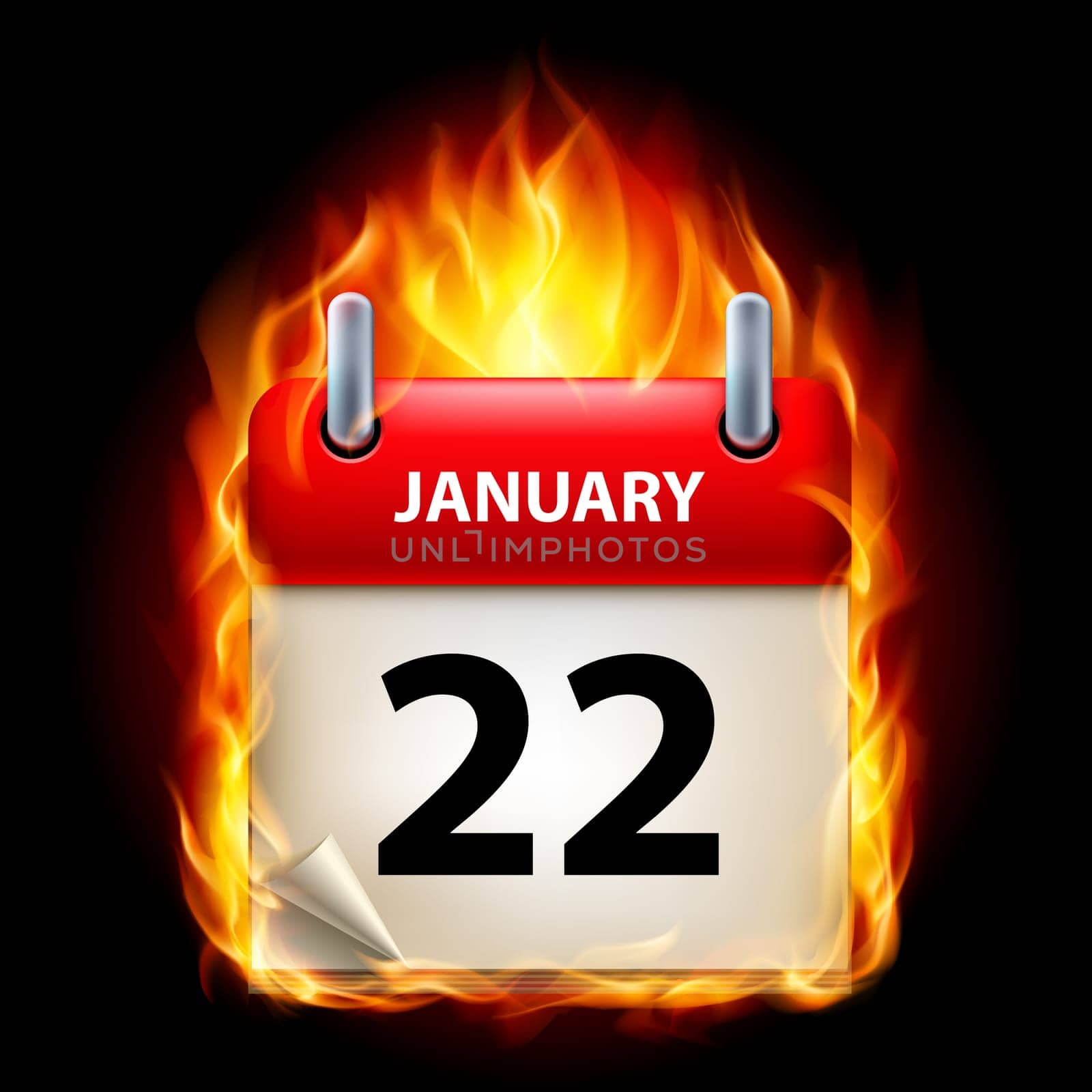 Twenty-second January in Calendar. Burning Icon on black background
