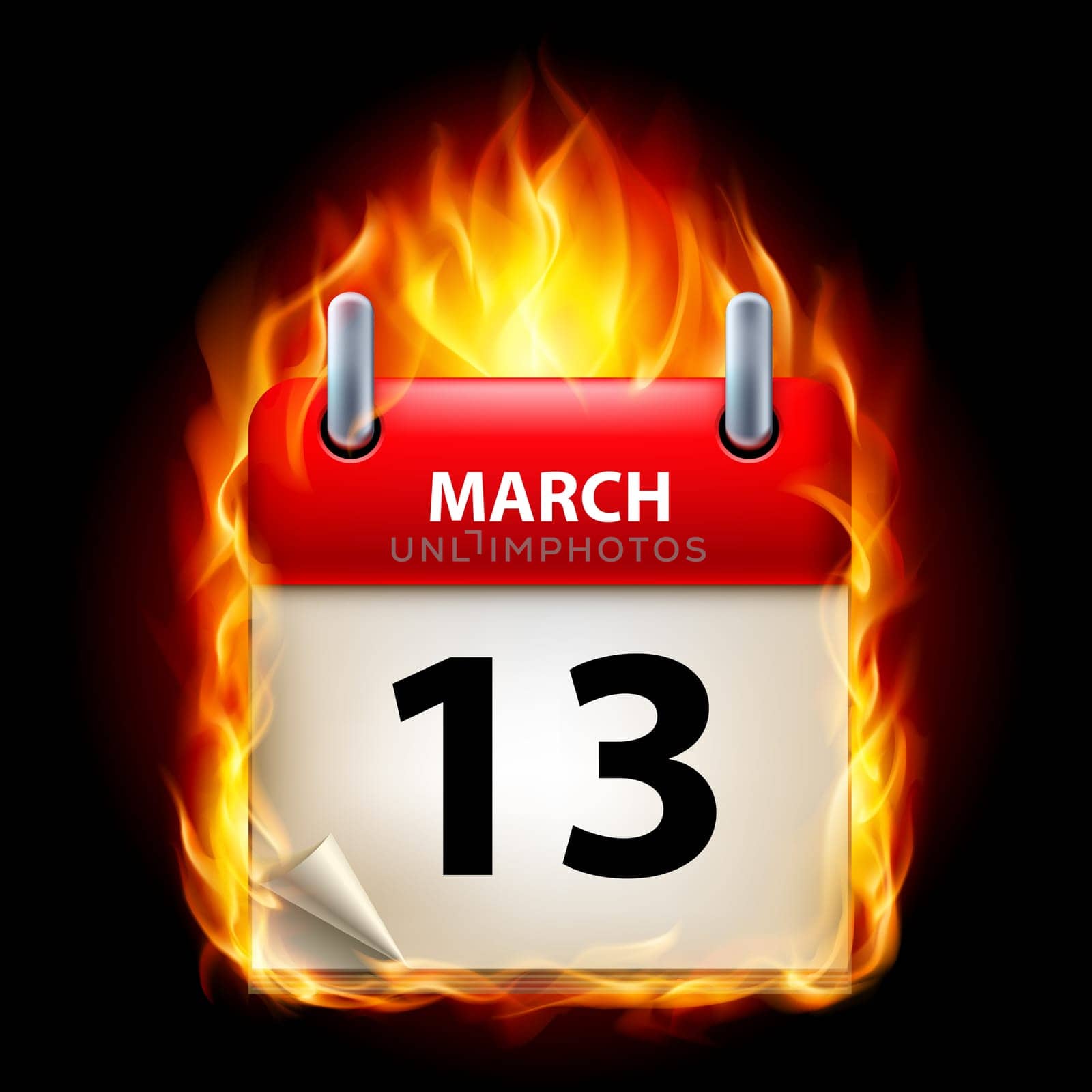 Thirteenth March in Calendar. Burning Icon on black background