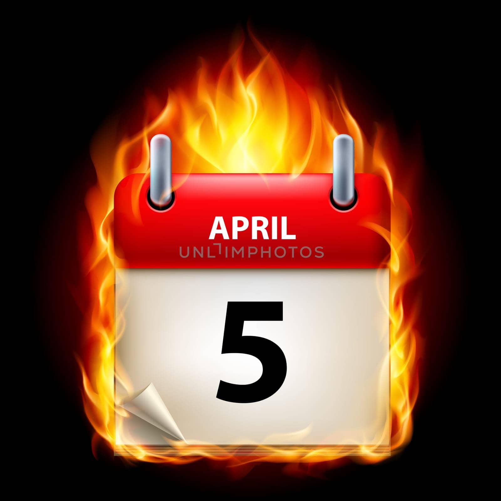 Fifth April in Calendar. Burning Icon on black background