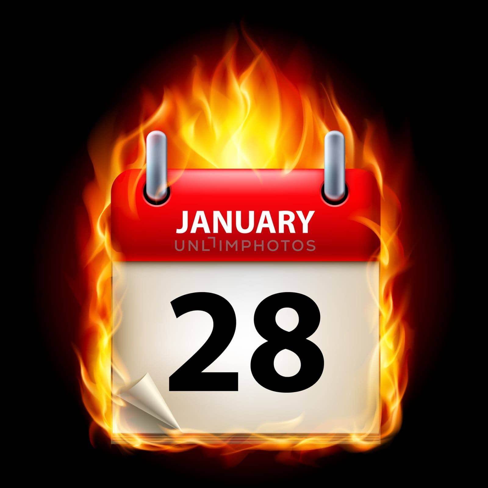 Twenty-eighth January in Calendar. Burning Icon on black background