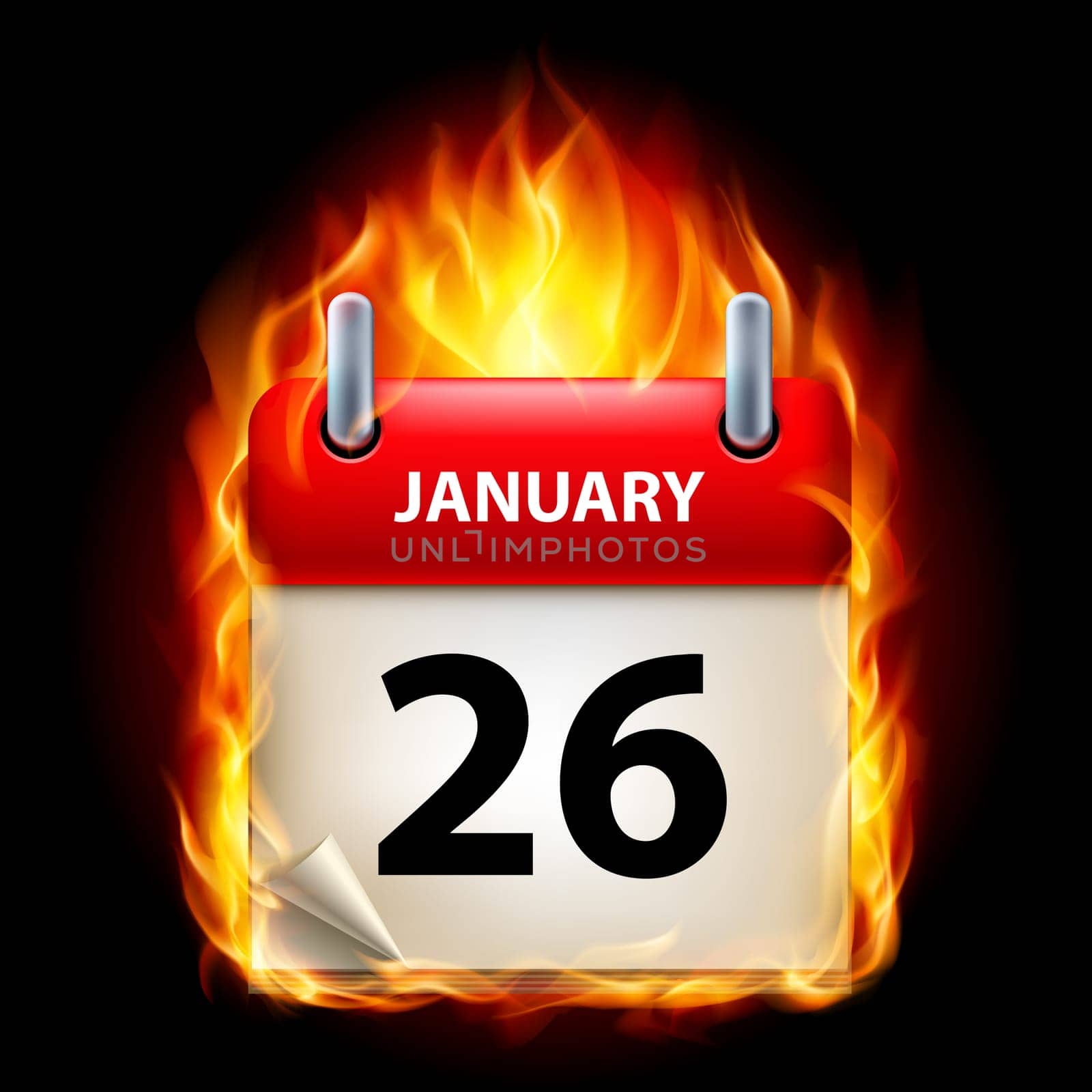 Twenty-sixth January in Calendar. Burning Icon on black background