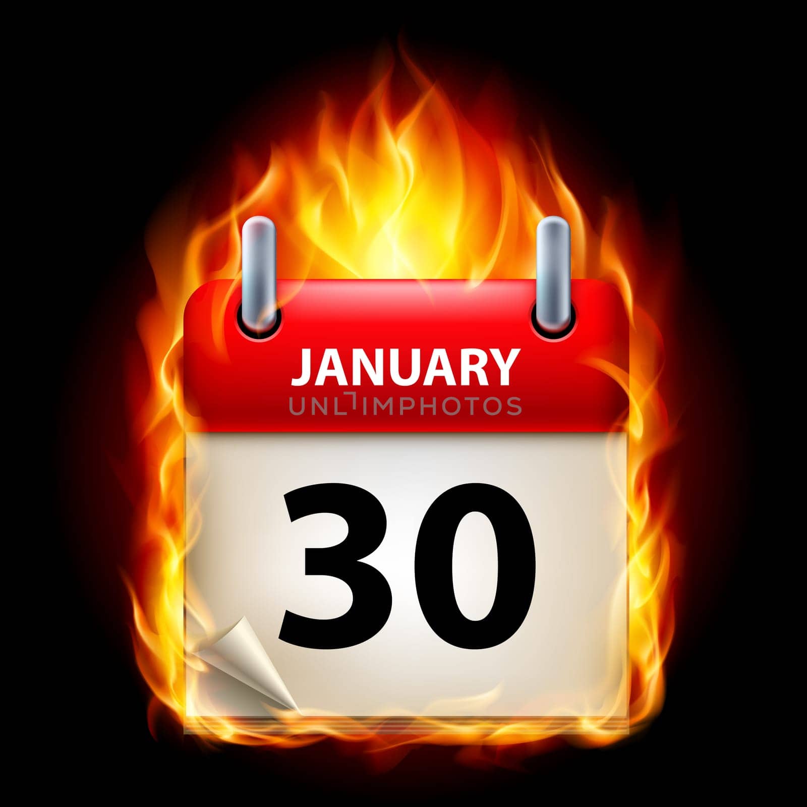 Thirtieth January in Calendar. Burning Icon on black background