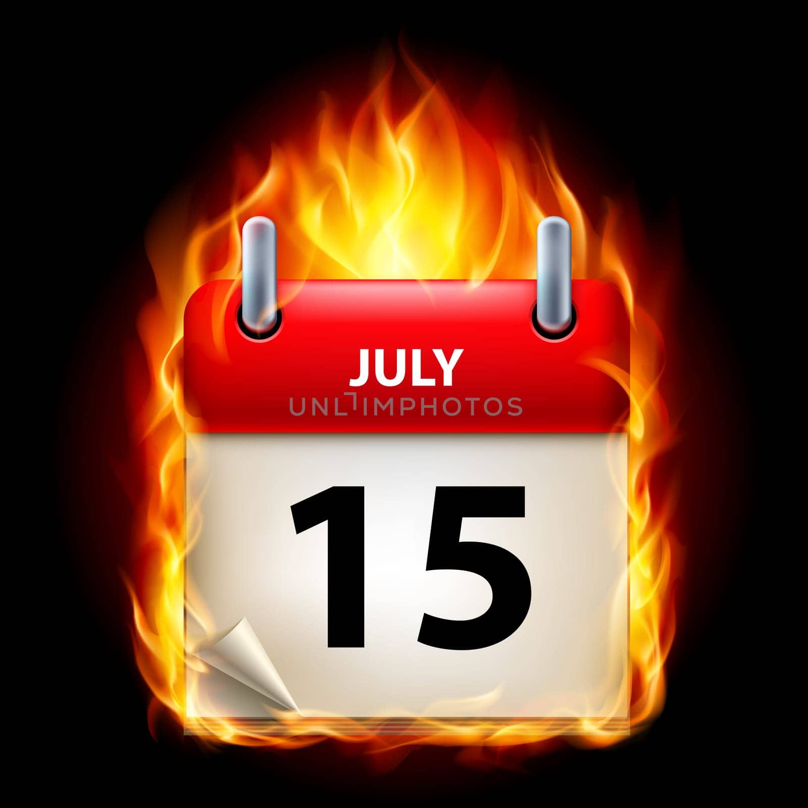 Fifteenth July in Calendar. Burning Icon on black background