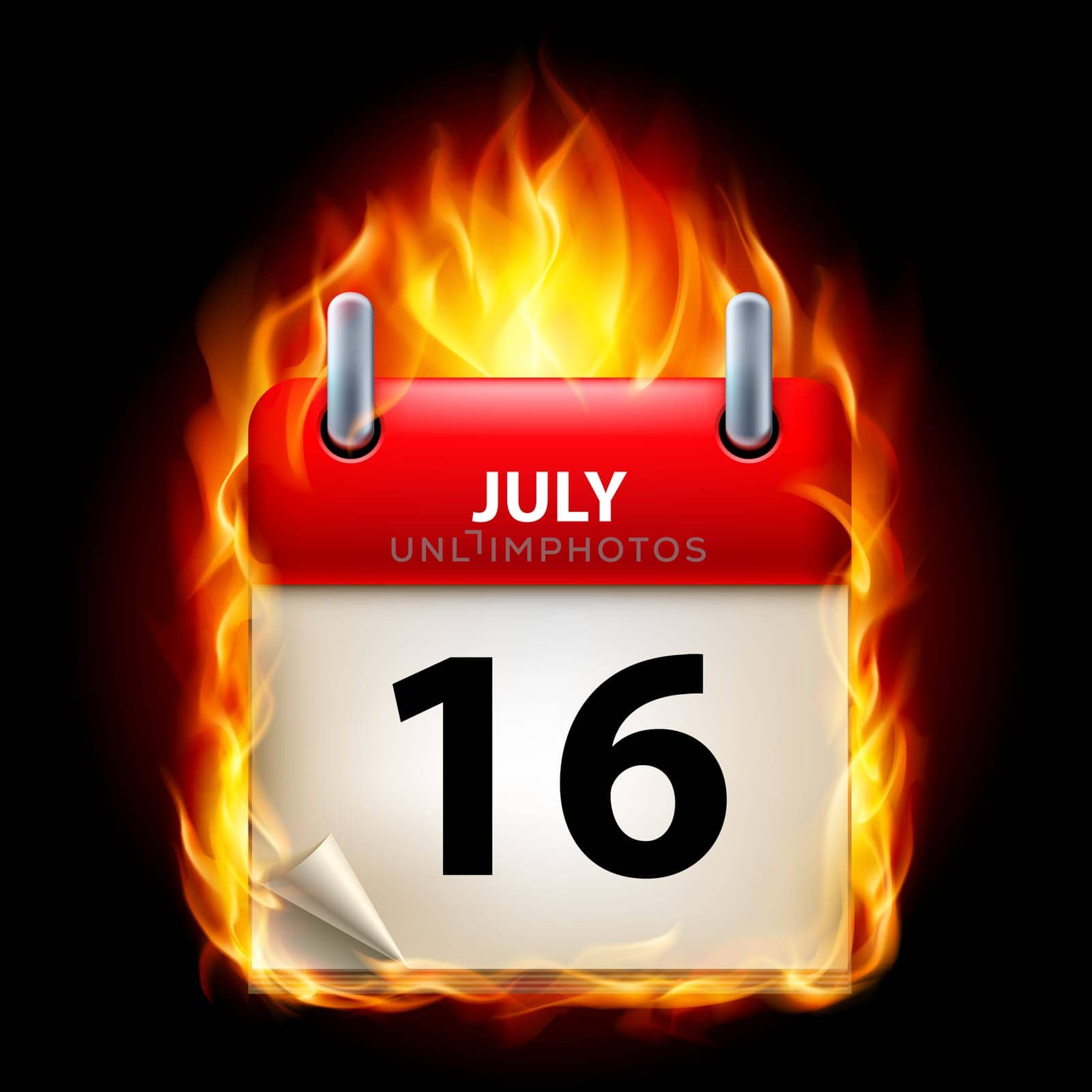Sixteenth July in Calendar. Burning Icon on black background