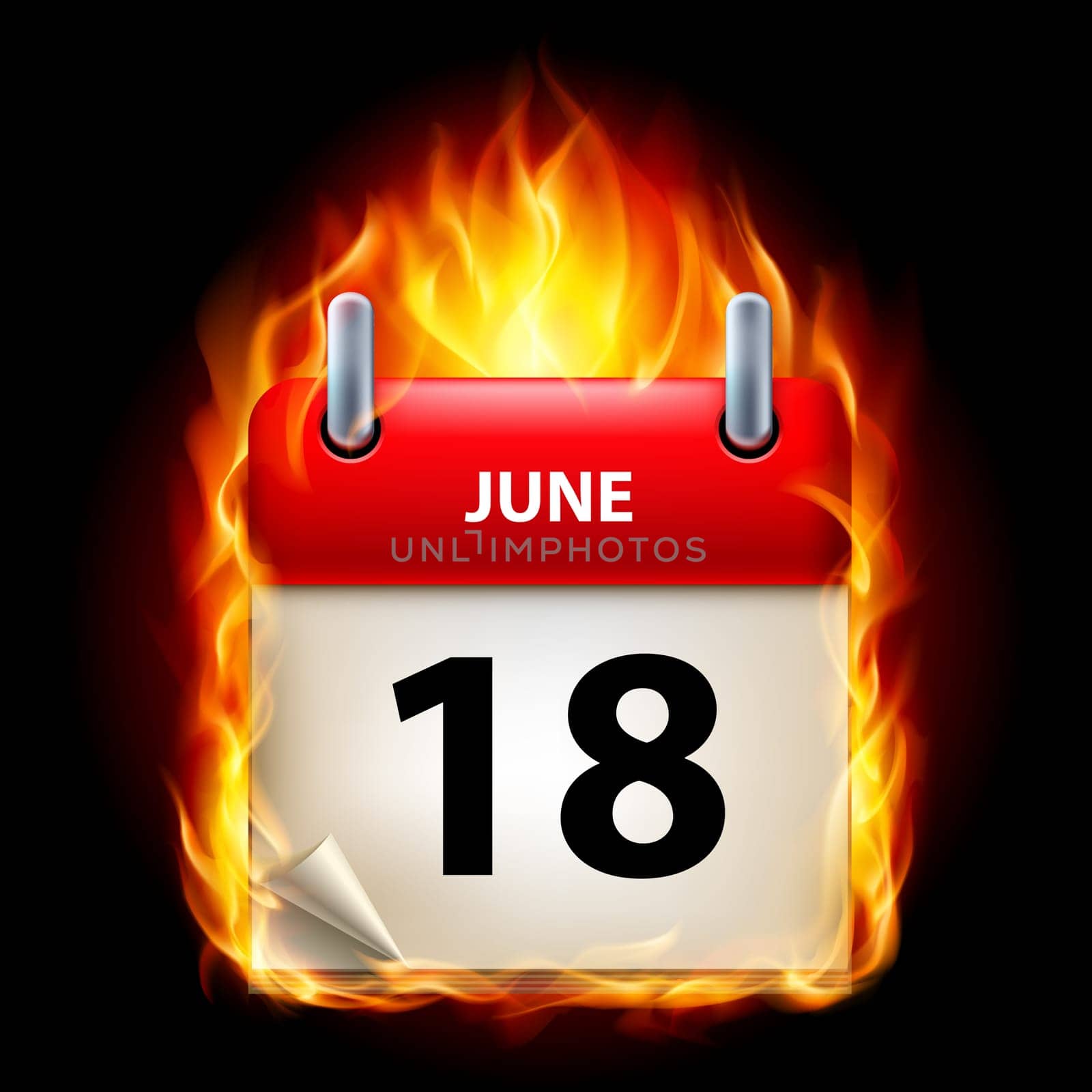 Eighteenth June in Calendar. Burning Icon on black background