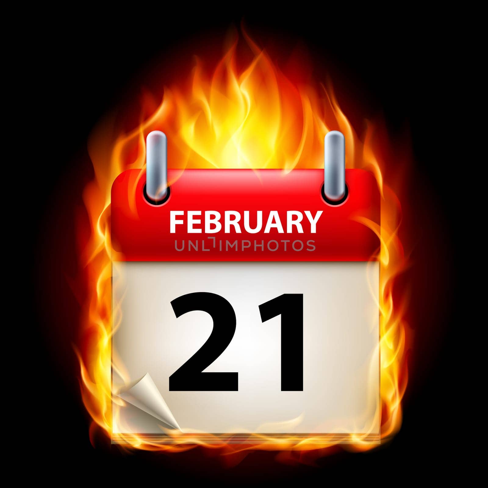 Twenty-first February in Calendar. Burning Icon on black background
