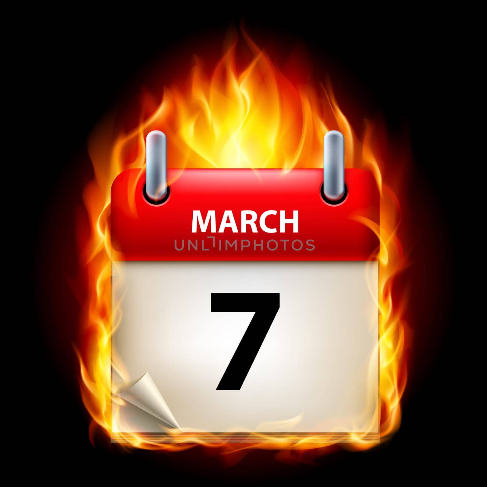 Seventh March in Calendar. Burning Icon on black background