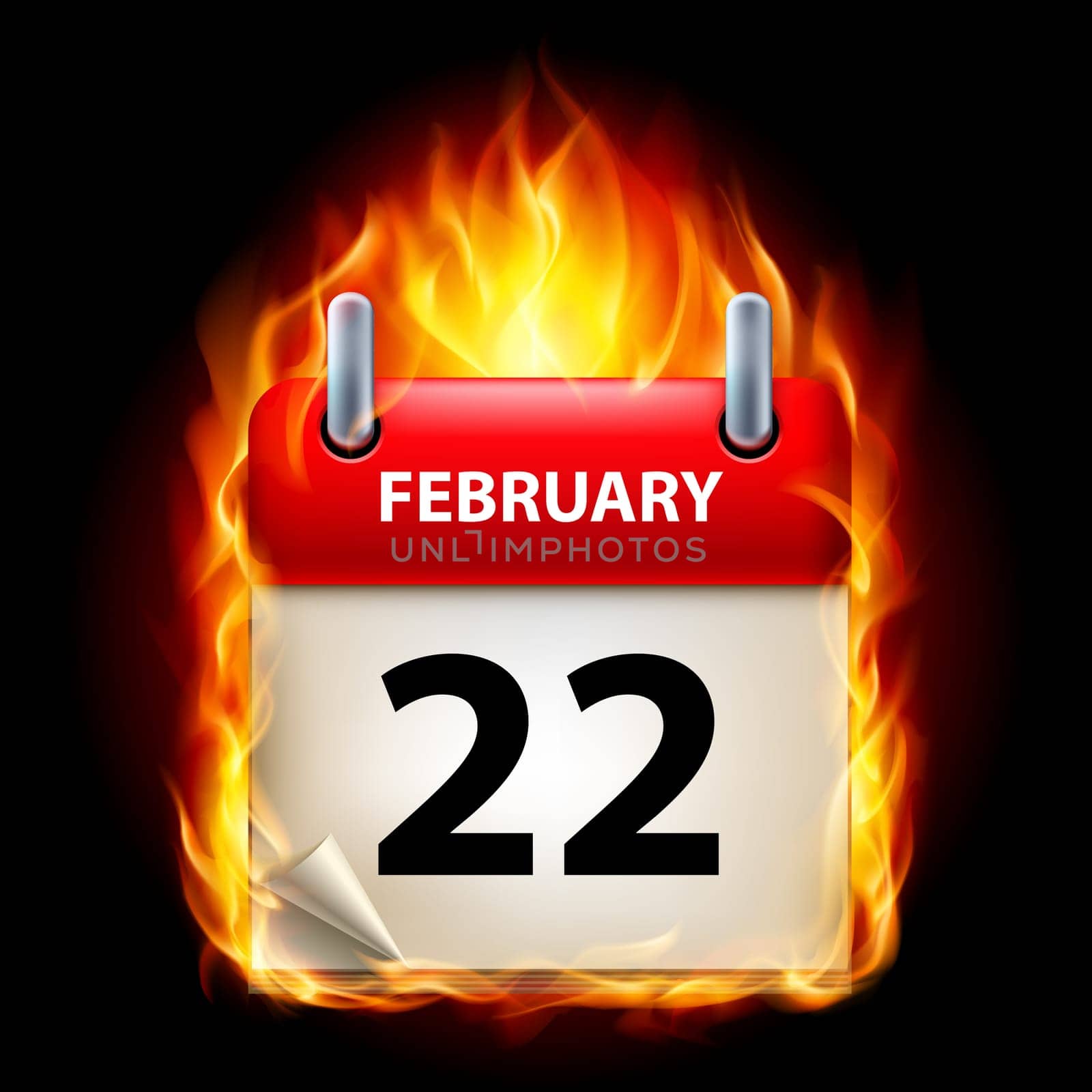 Twenty-second February in Calendar. Burning Icon on black background
