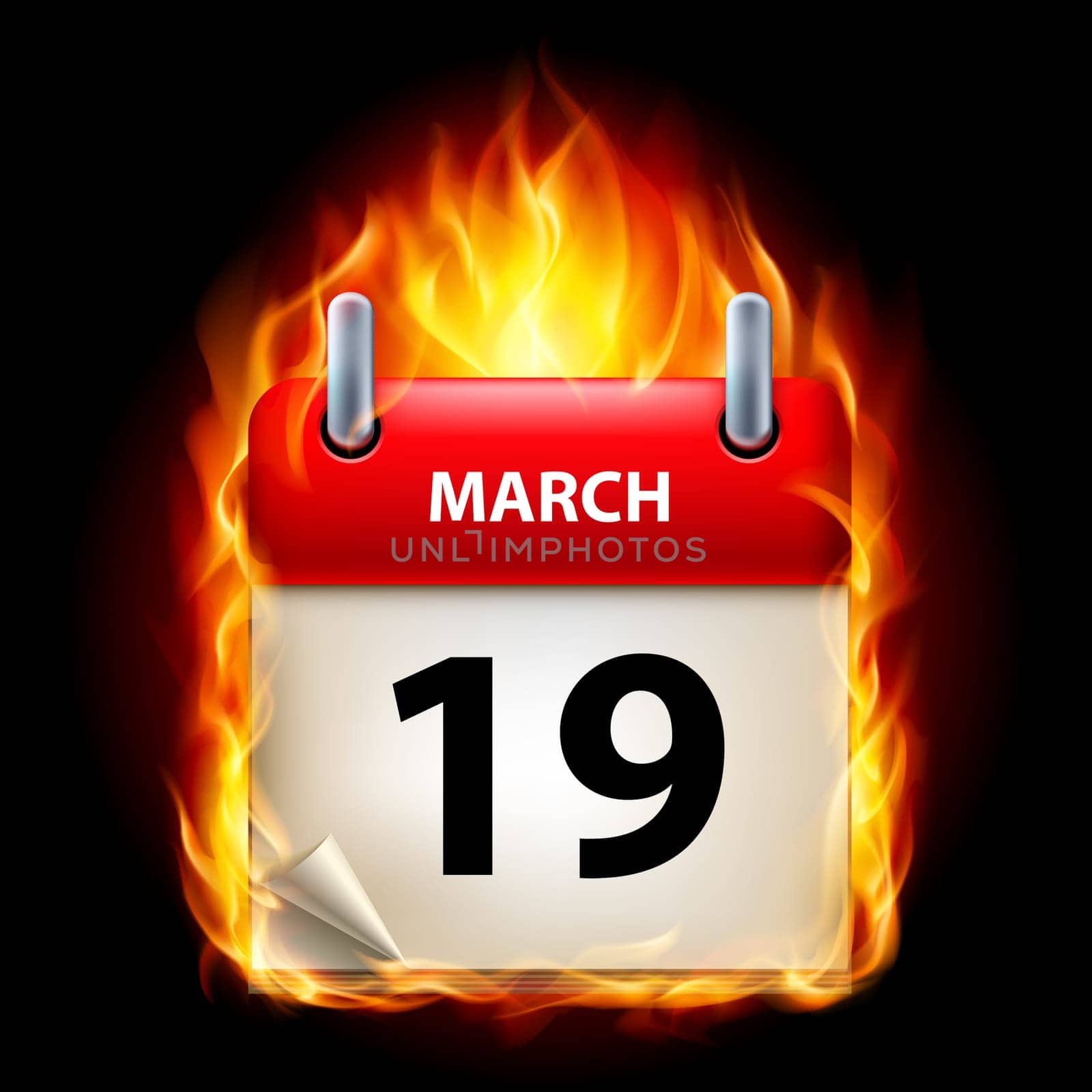 Nineteenth March in Calendar. Burning Icon on black background