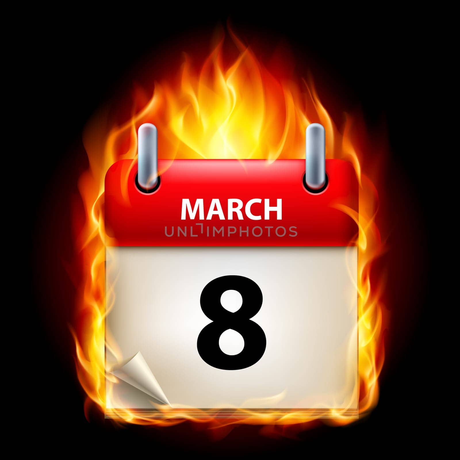Eighth March in Calendar. Burning Icon on black background