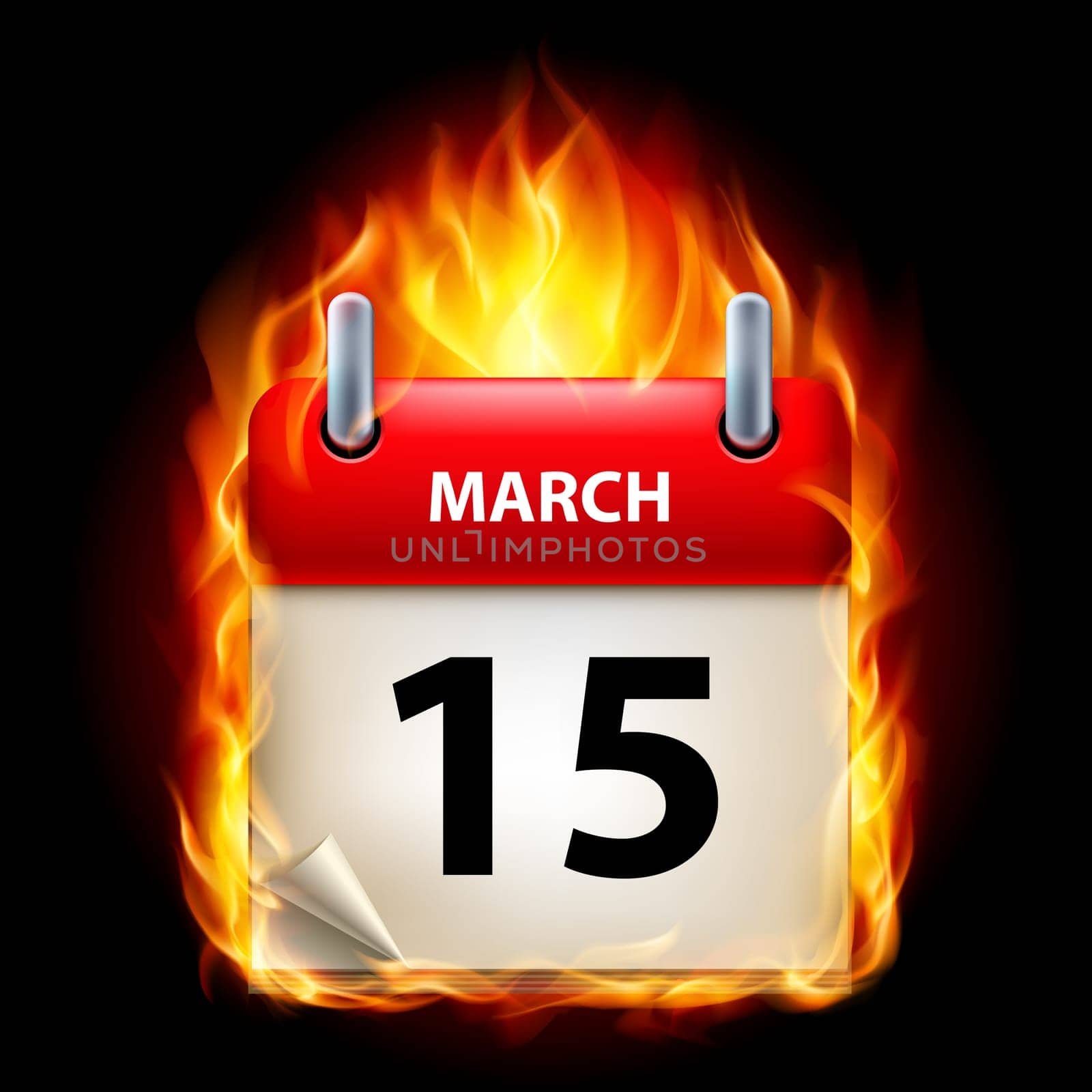 Fifteenth March in Calendar. Burning Icon on black background