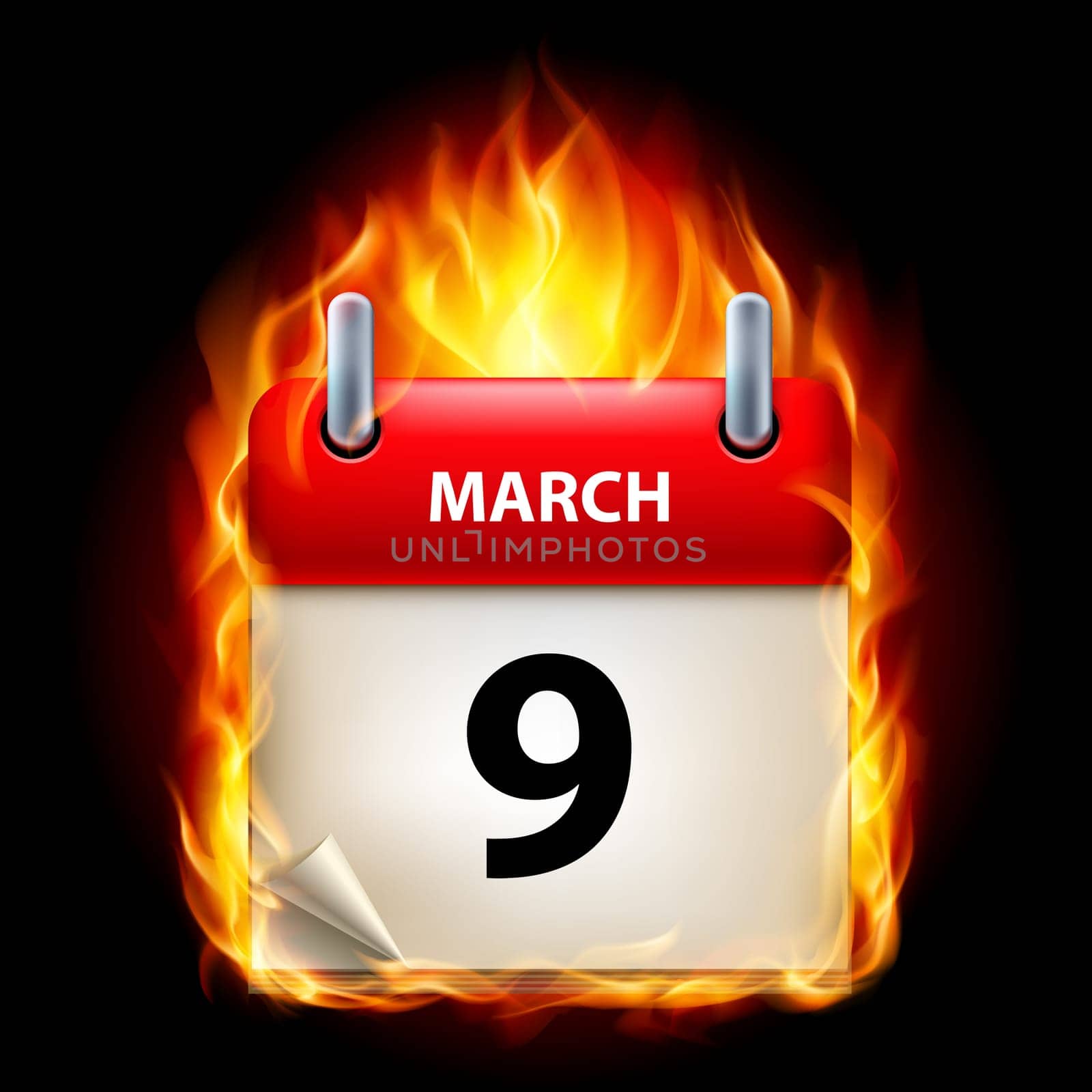Ninth March in Calendar. Burning Icon on black background