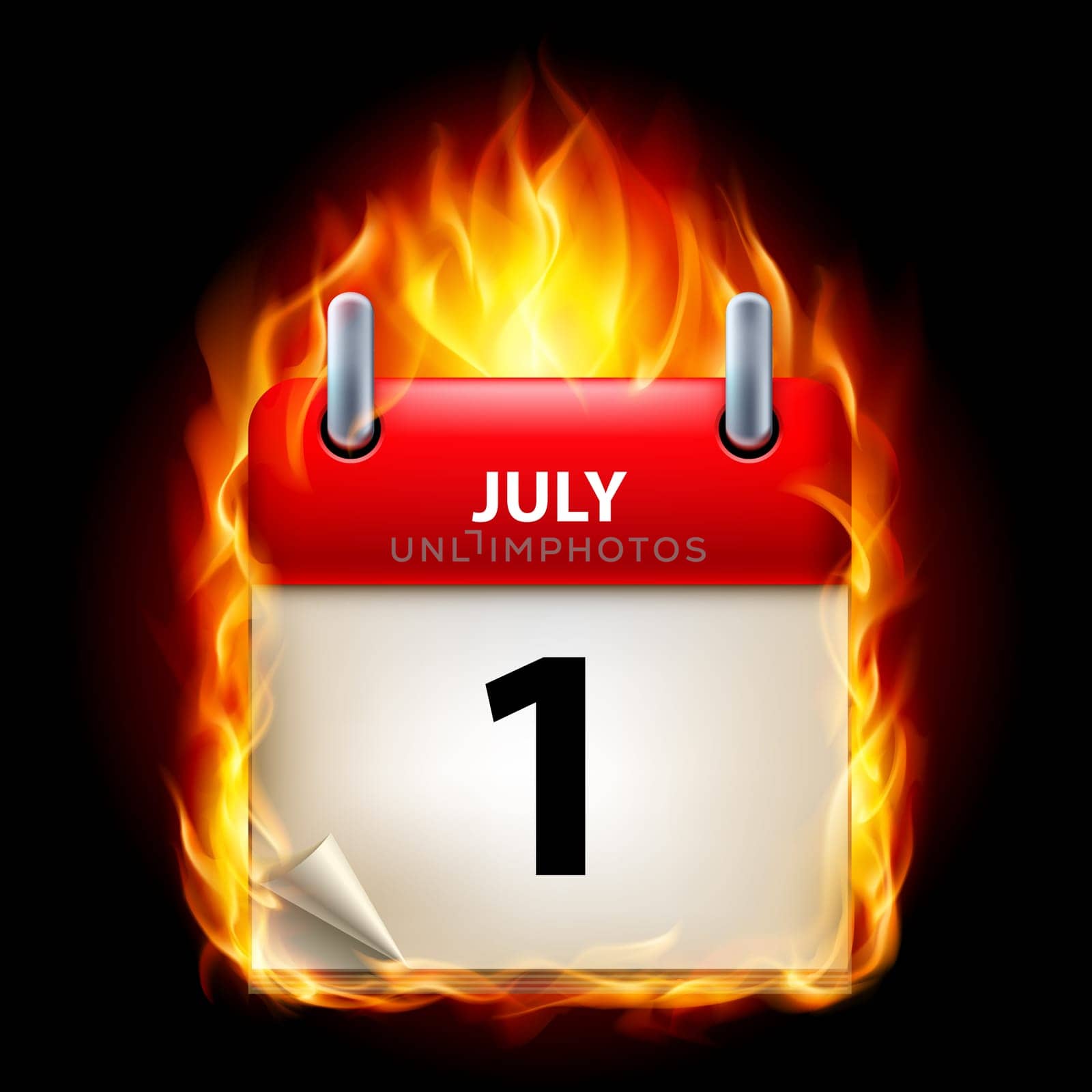 First July in Calendar. Burning Icon on black background