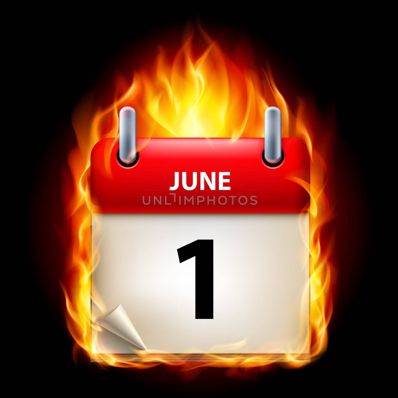 First June in Calendar. Burning Icon on black background