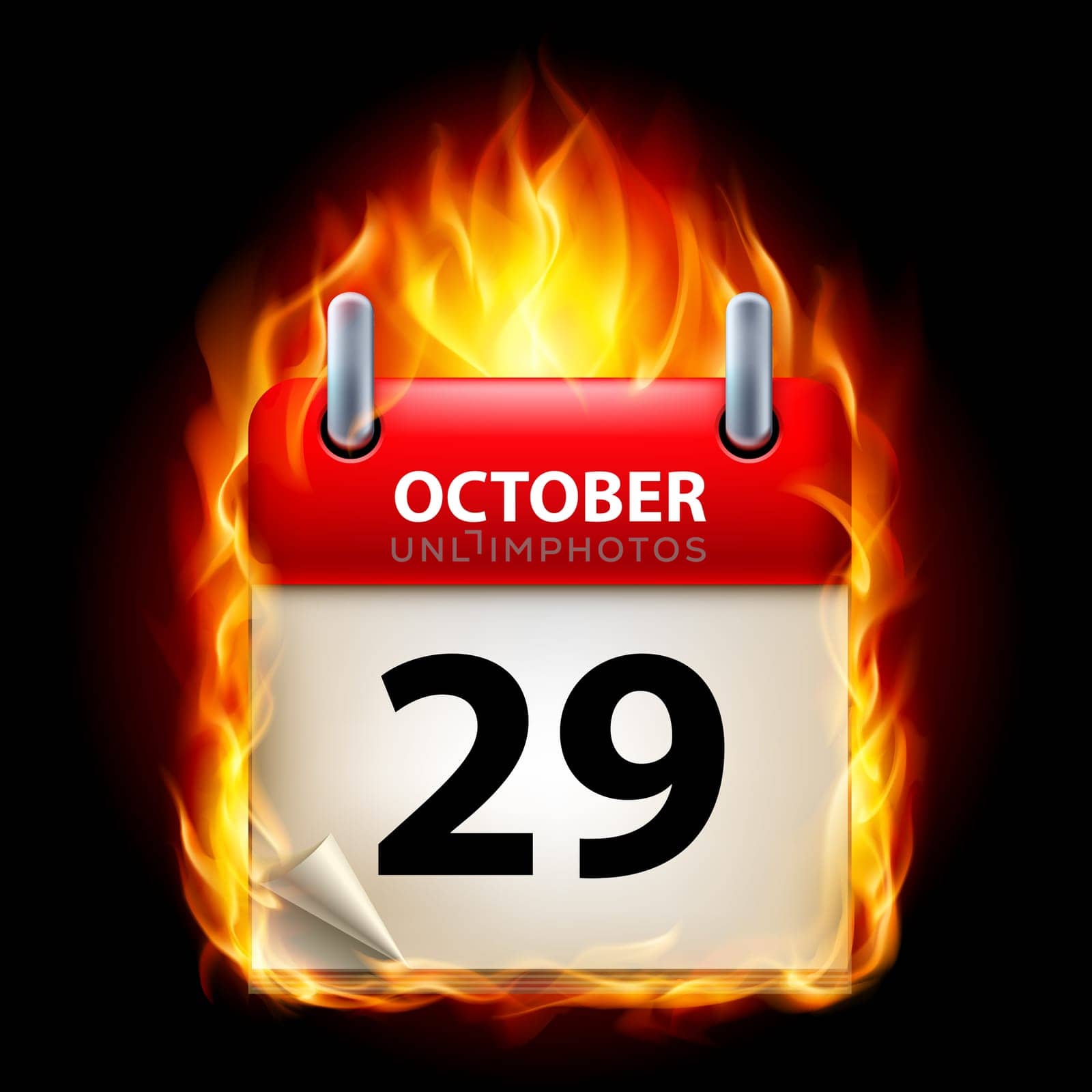 Twenty-ninth October in Calendar. Burning Icon on black background
