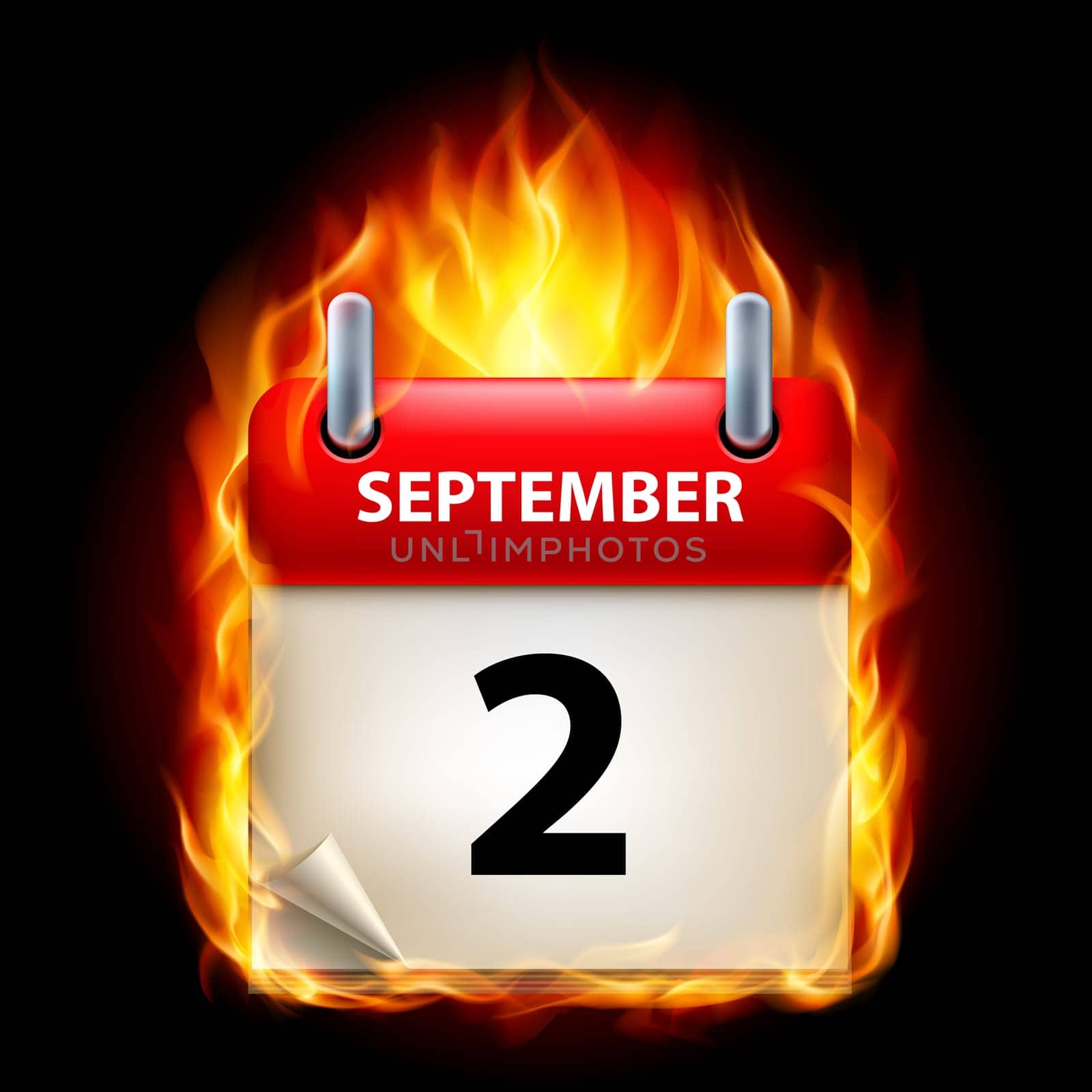 Second September in Calendar. Burning Icon on black background