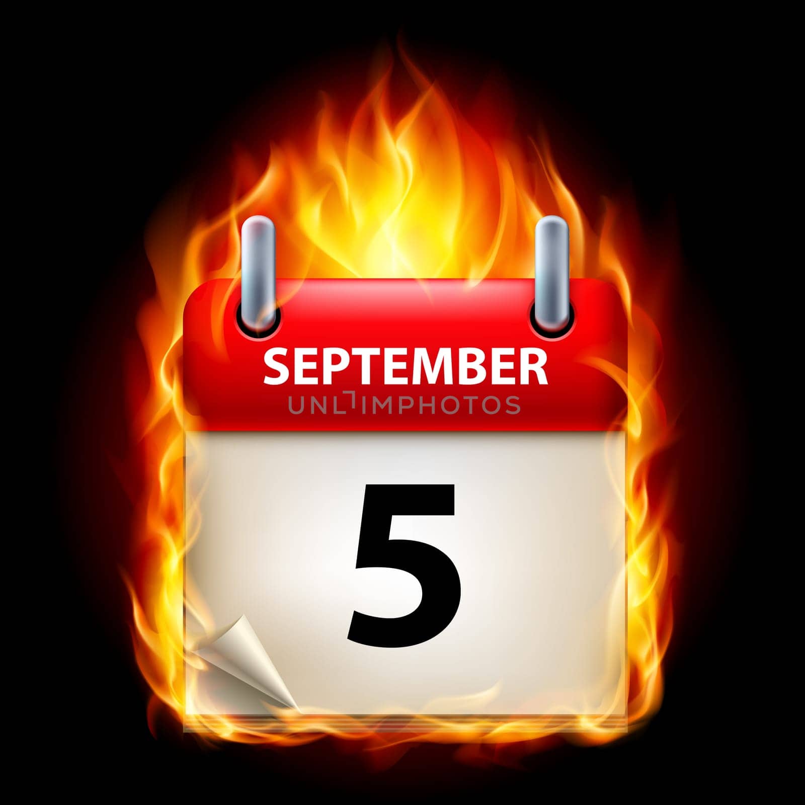 Fifth September in Calendar. Burning Icon on black background