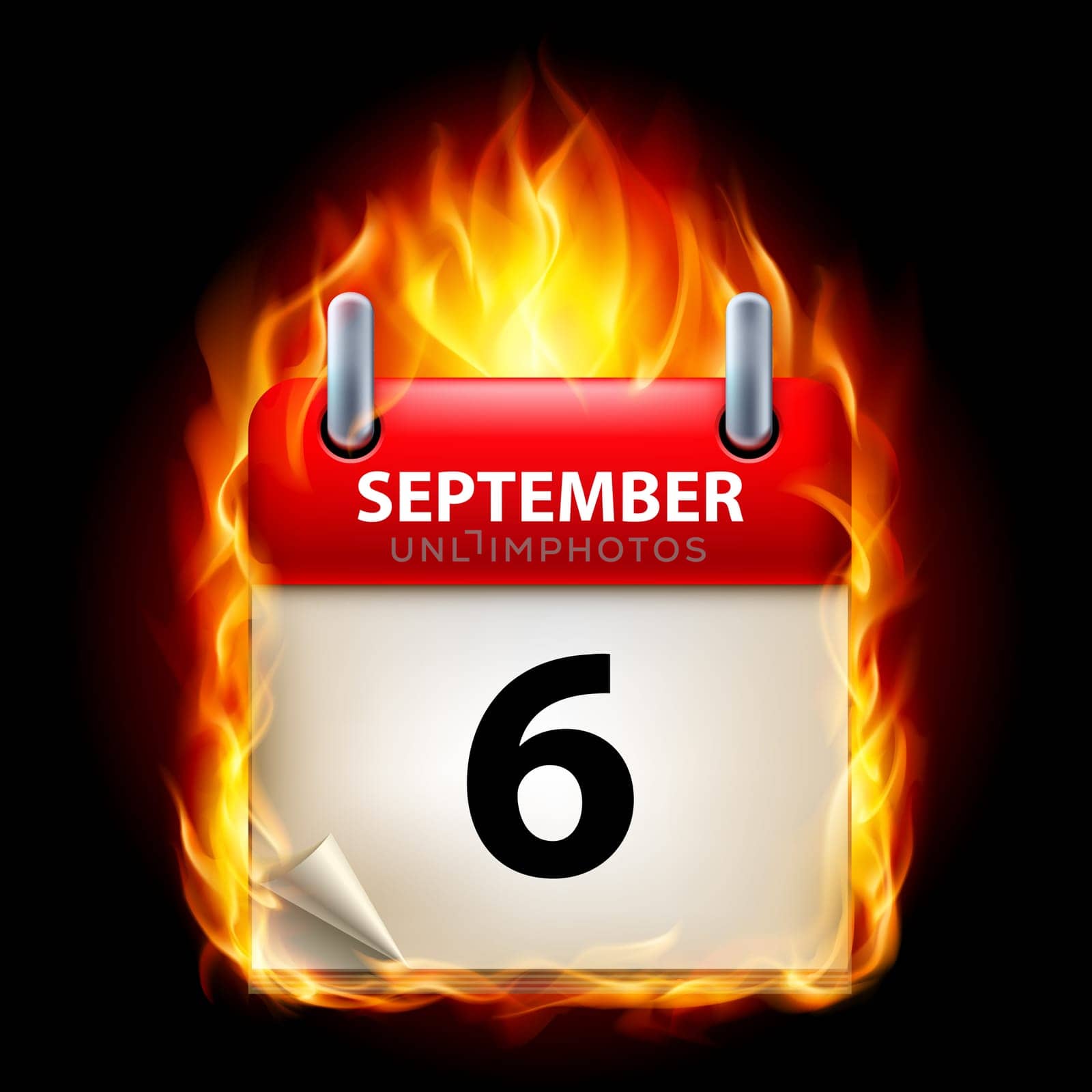Sixth September in Calendar. Burning Icon on black background
