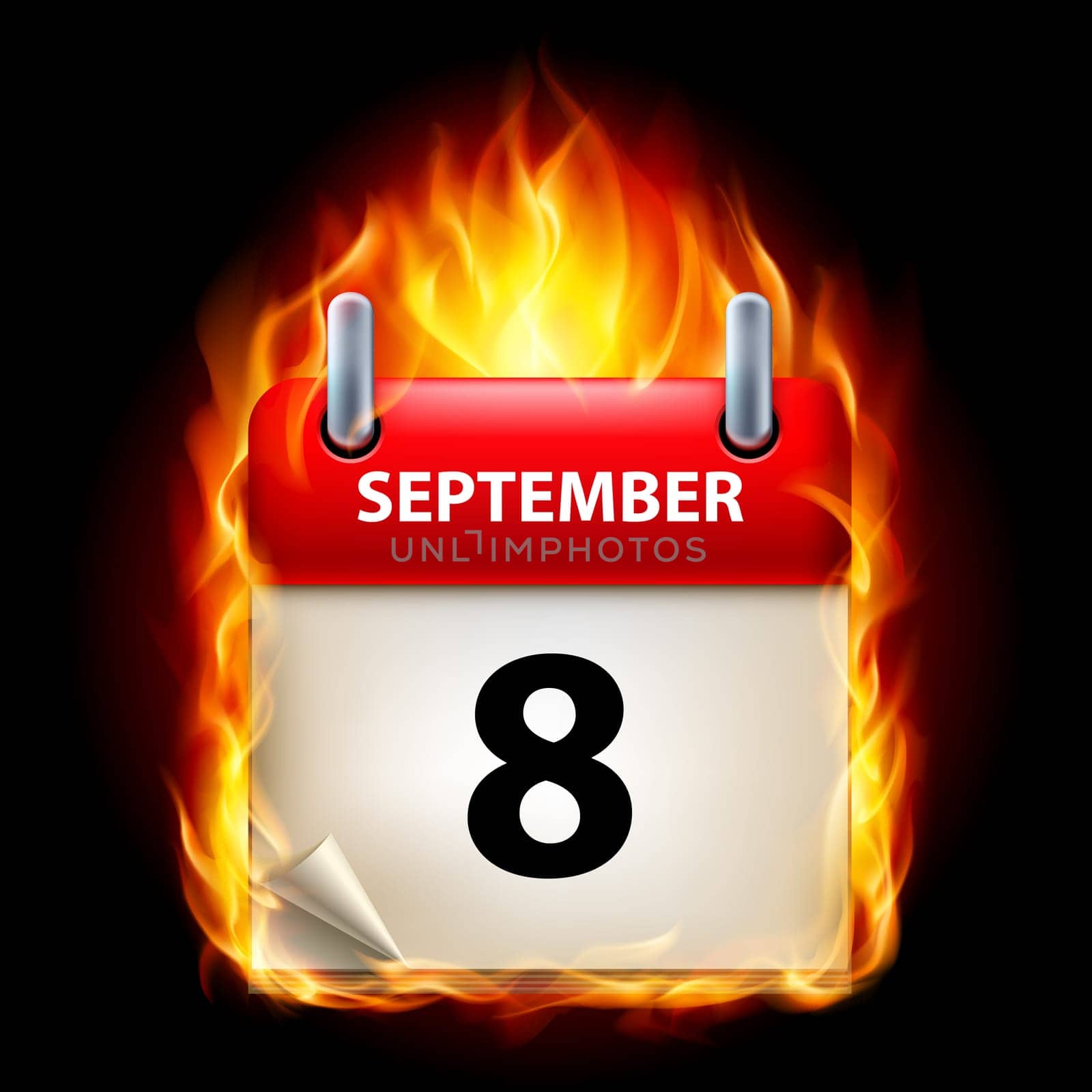 Eighth September in Calendar. Burning Icon on black background