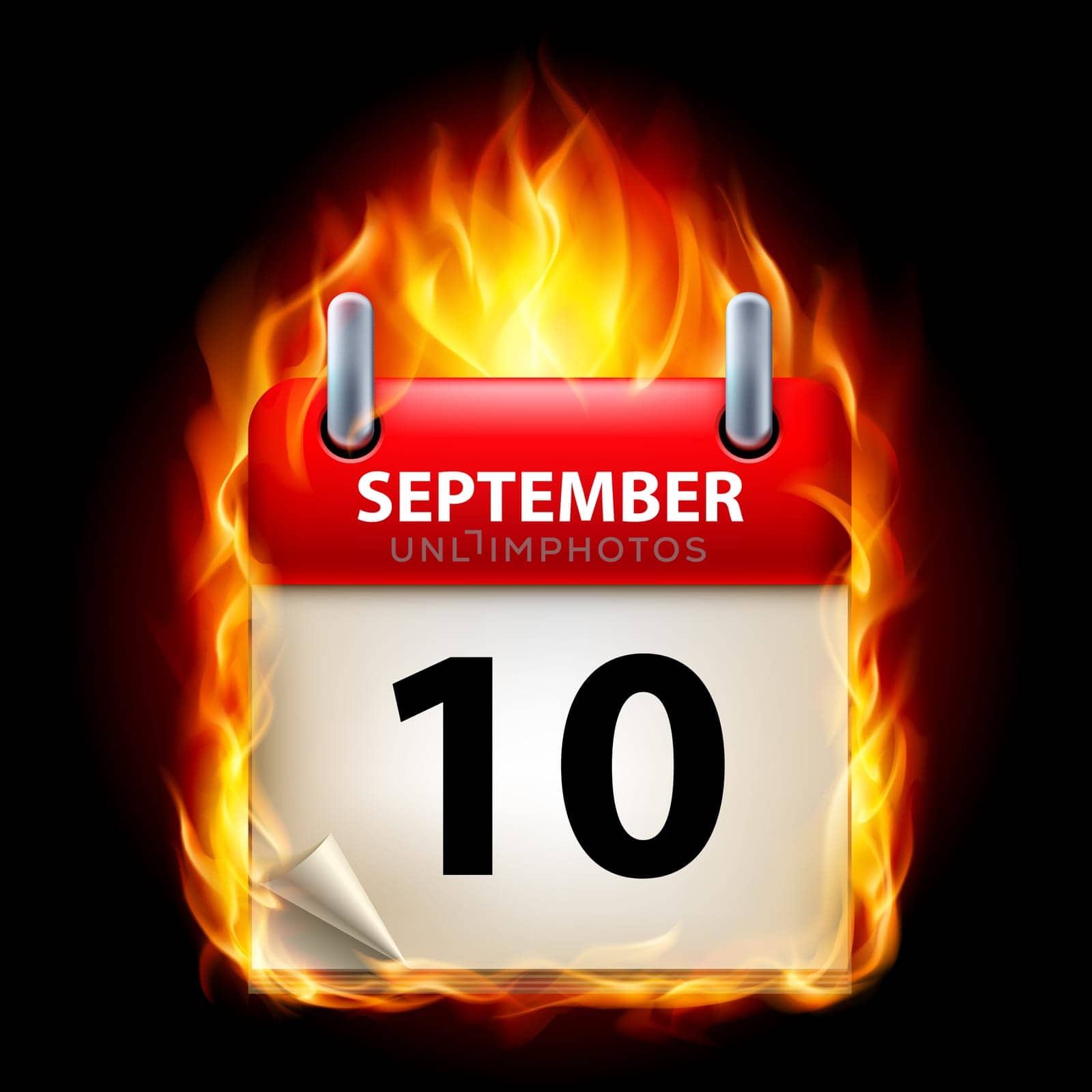 Tenth September in Calendar. Burning Icon on black background