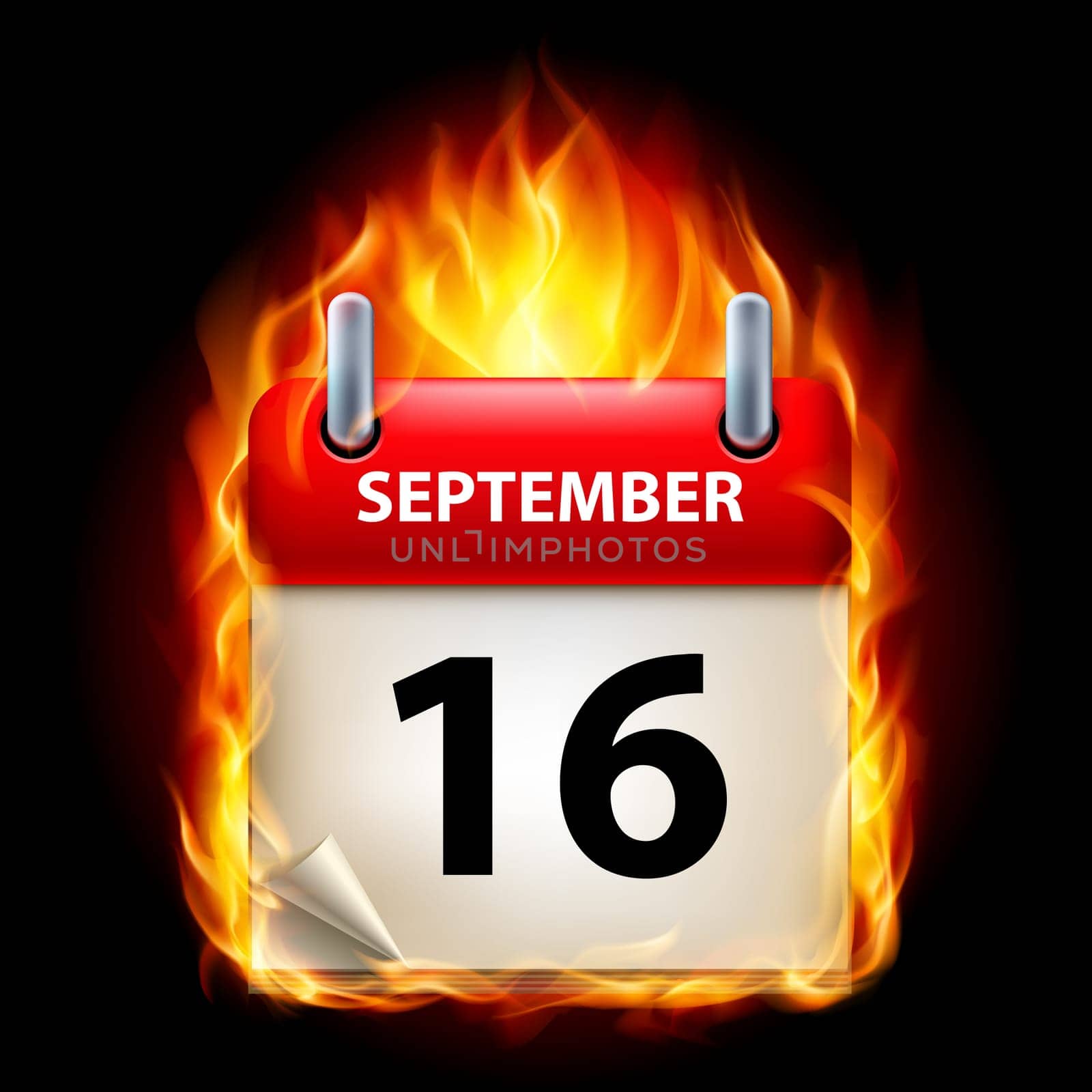 Sixteenth September in Calendar. Burning Icon on black background