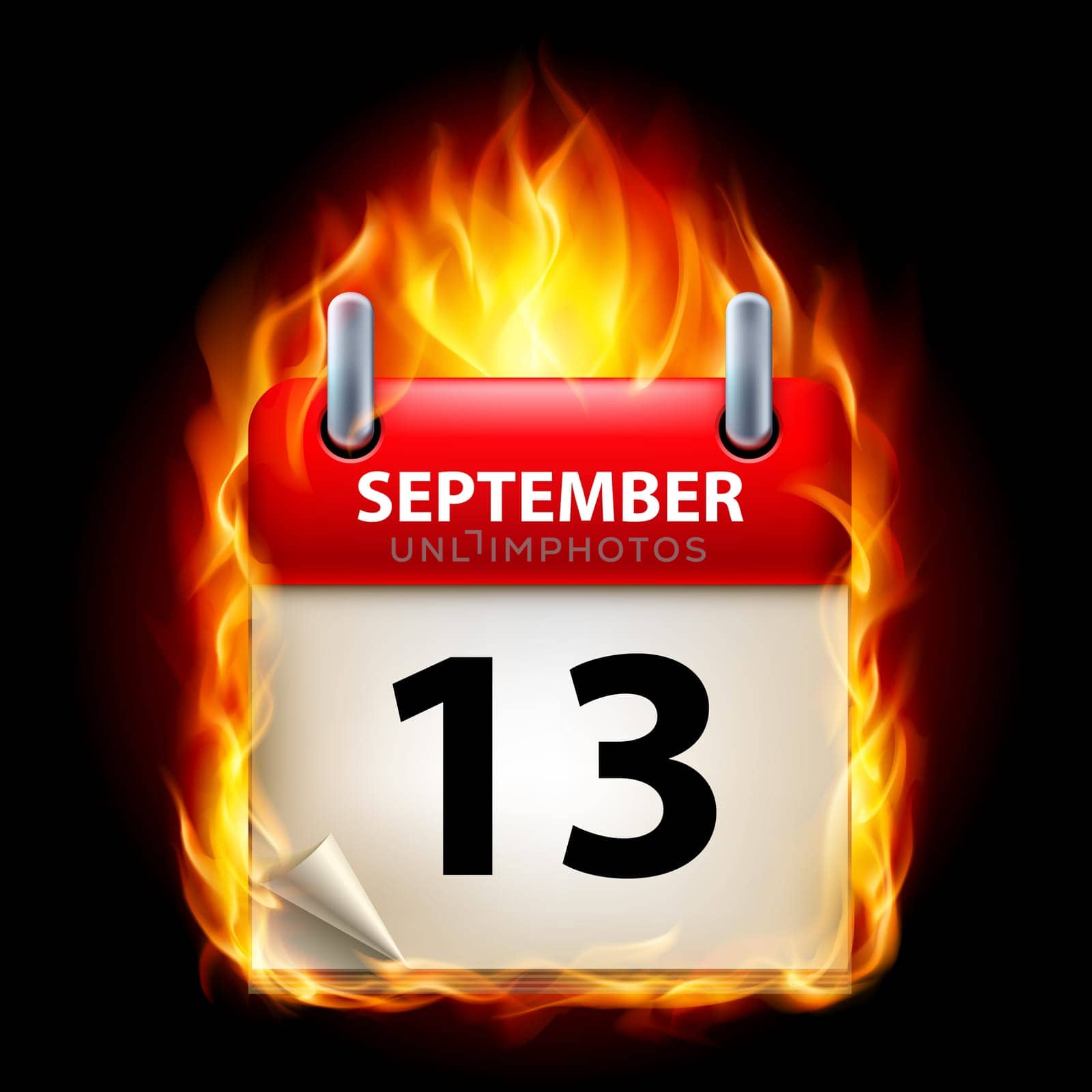 Thirteenth September in Calendar. Burning Icon on black background