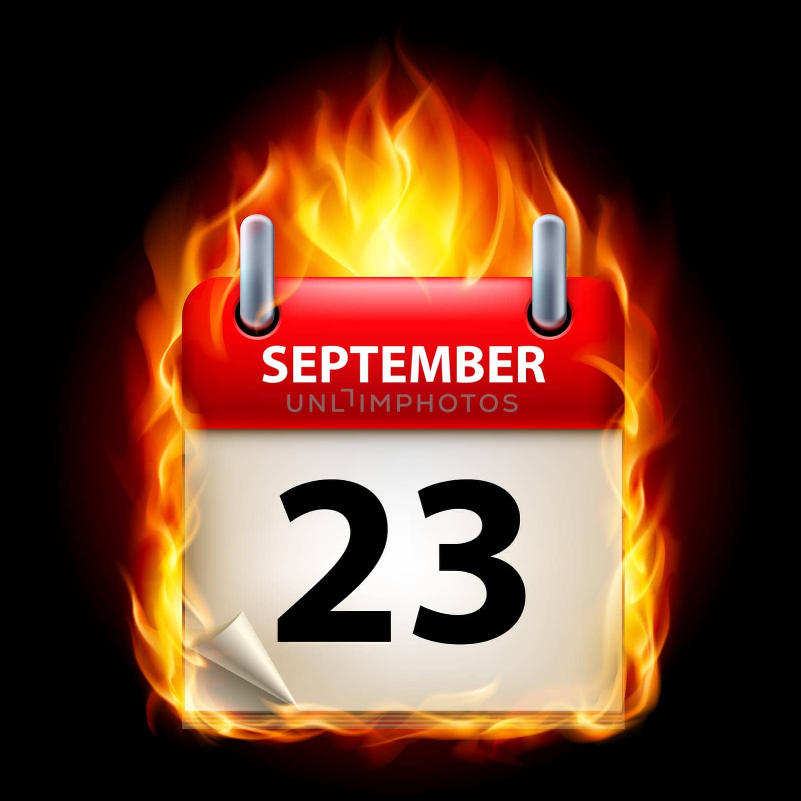 Twenty-third September in Calendar. Burning Icon on black background