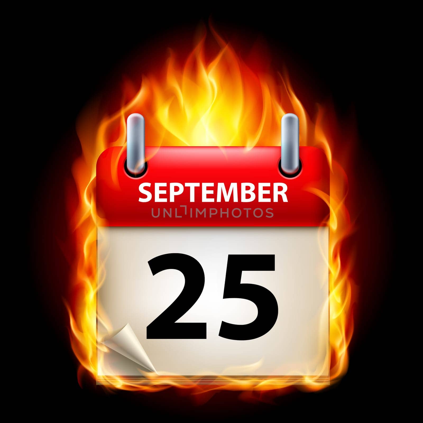 Twenty-fifth September in Calendar. Burning Icon on black background