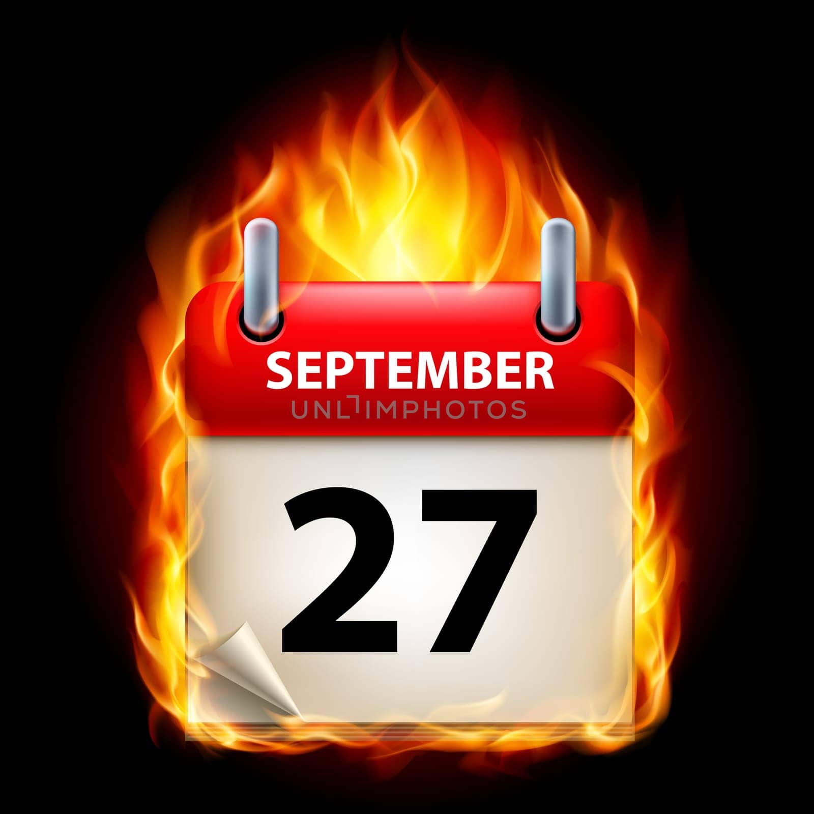 Twenty-seventh September in Calendar. Burning Icon on black background