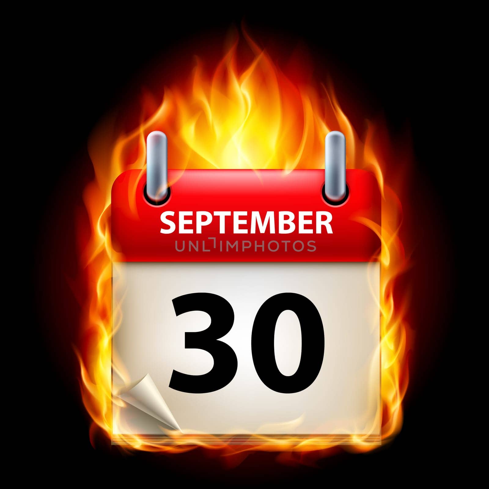 Thirtieth September in Calendar. Burning Icon on black background