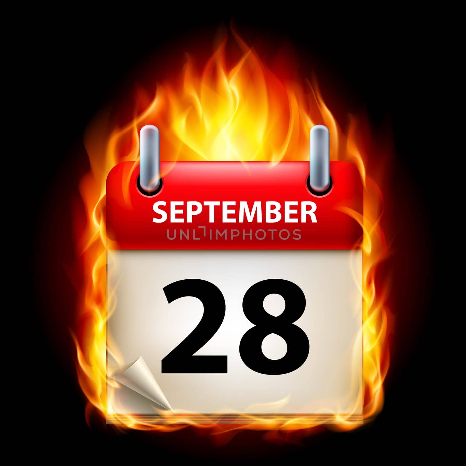 Twenty-eighth September in Calendar. Burning Icon on black background
