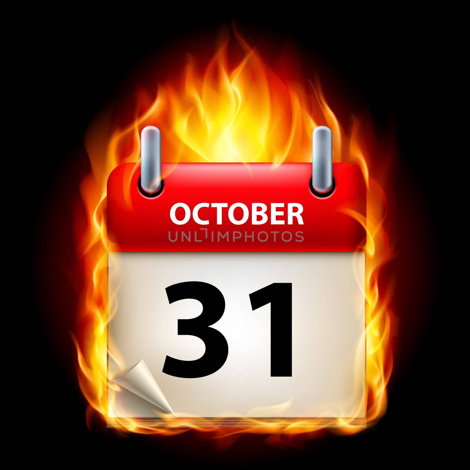 Thirty-first October in Calendar. Burning Icon on black background